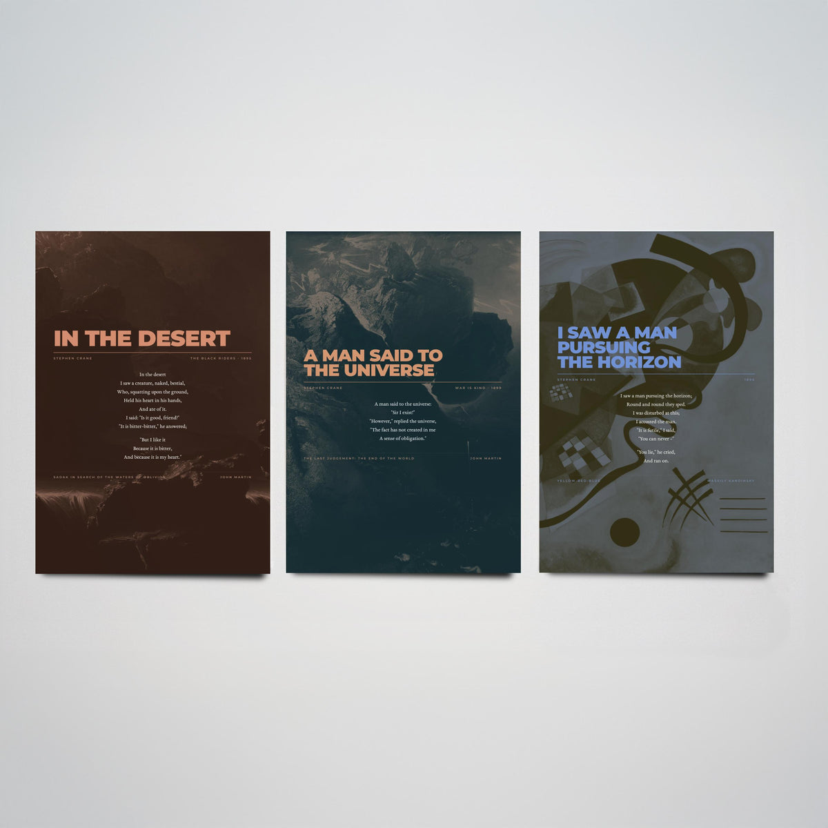 Stephen Crane Set of Three Art Prints - In the Desert, A Man Said to the Universe, Pursuing the Horizon - Full Poems over Paintings Poster
