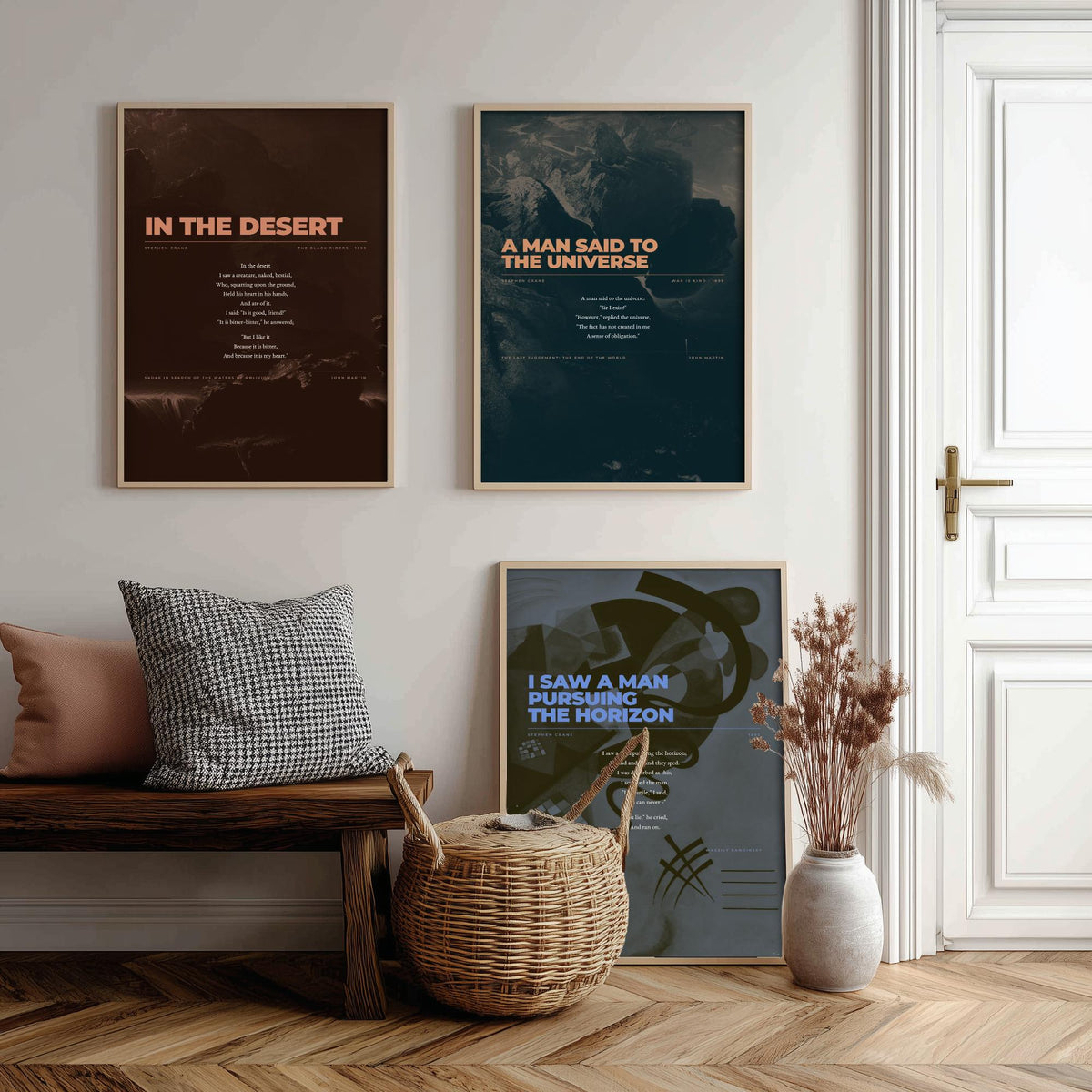 Stephen Crane Set of Three Art Prints - In the Desert, A Man Said to the Universe, Pursuing the Horizon - Full Poems over Paintings Poster