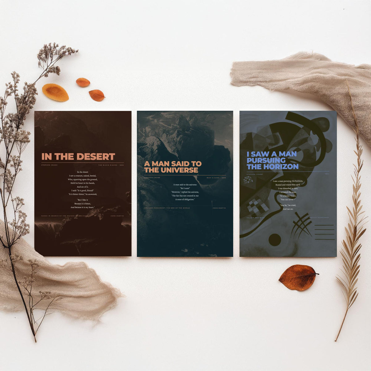 Stephen Crane Set of Three Art Prints - In the Desert, A Man Said to the Universe, Pursuing the Horizon - Full Poems over Paintings Poster