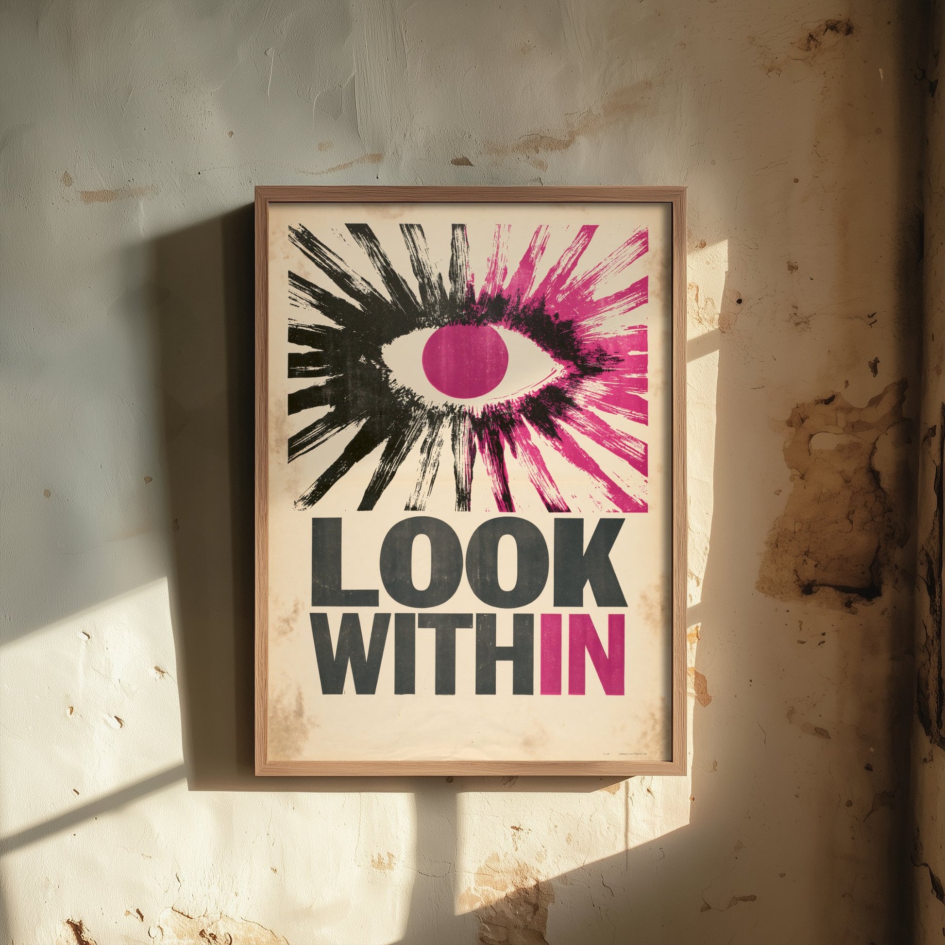 Look Within Affirmation Poster - Retro Woodcut Eye Art Print - Mindfulness Quote Illustration - Purple Letterpress Style Wall Decor