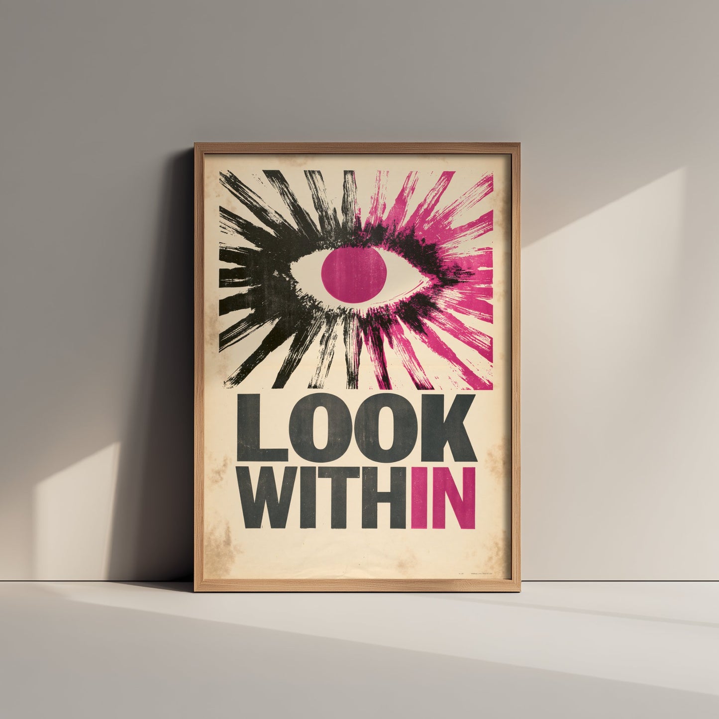 Look Within Affirmation Poster - Retro Woodcut Eye Art Print - Mindfulness Quote Illustration - Purple Letterpress Style Wall Decor