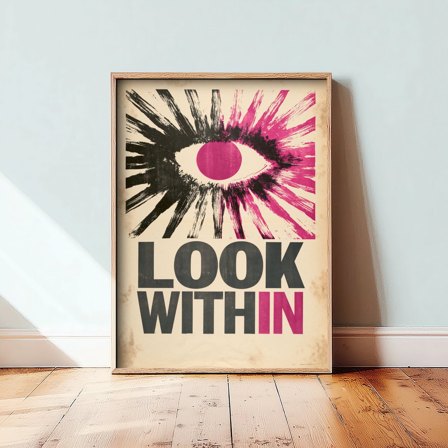 Look Within Affirmation Poster - Retro Woodcut Eye Art Print - Mindfulness Quote Illustration - Purple Letterpress Style Wall Decor