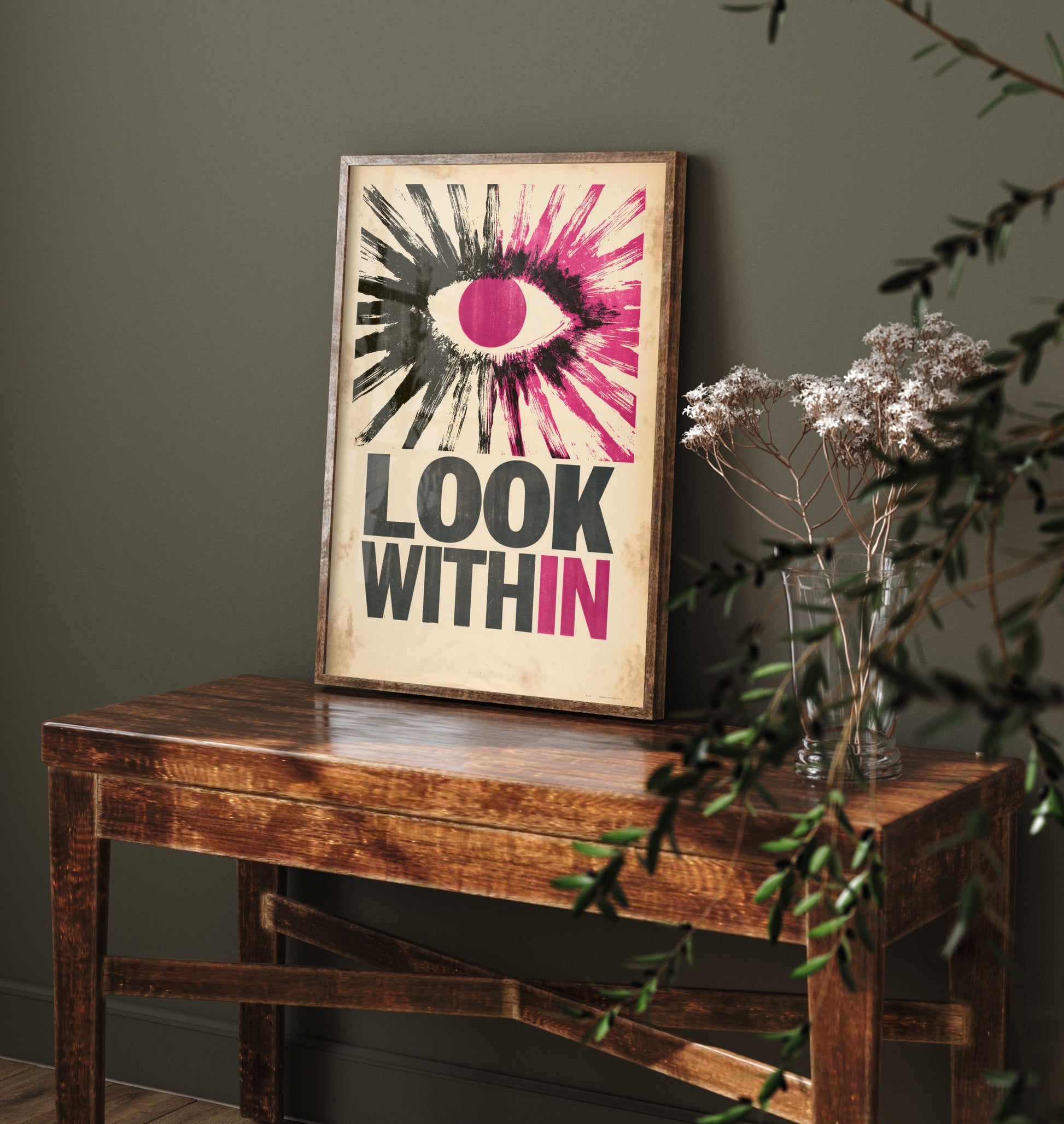 Look Within Affirmation Poster - Retro Woodcut Eye Art Print - Mindfulness Quote Illustration - Purple Letterpress Style Wall Decor