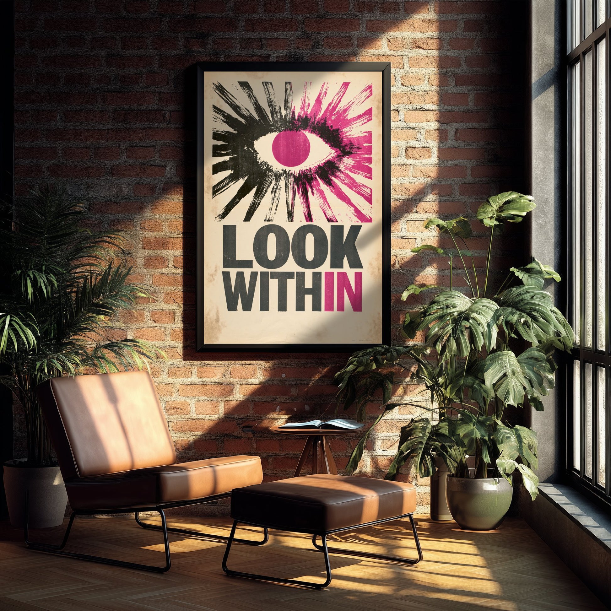 Look Within Affirmation Poster - Retro Woodcut Eye Art Print - Mindfulness Quote Illustration - Purple Letterpress Style Wall Decor