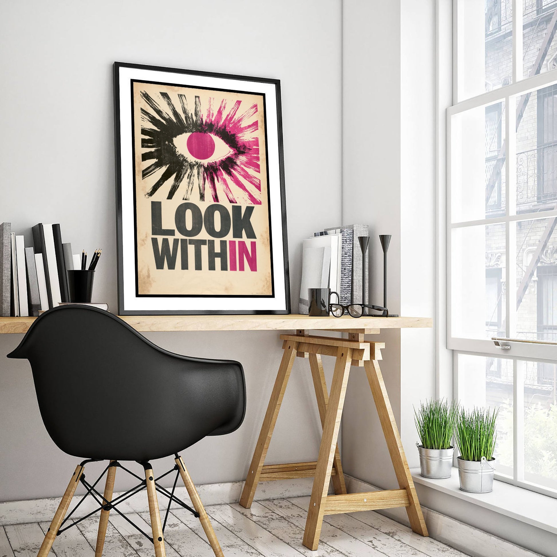 Look Within Affirmation Poster - Retro Woodcut Eye Art Print - Mindfulness Quote Illustration - Purple Letterpress Style Wall Decor