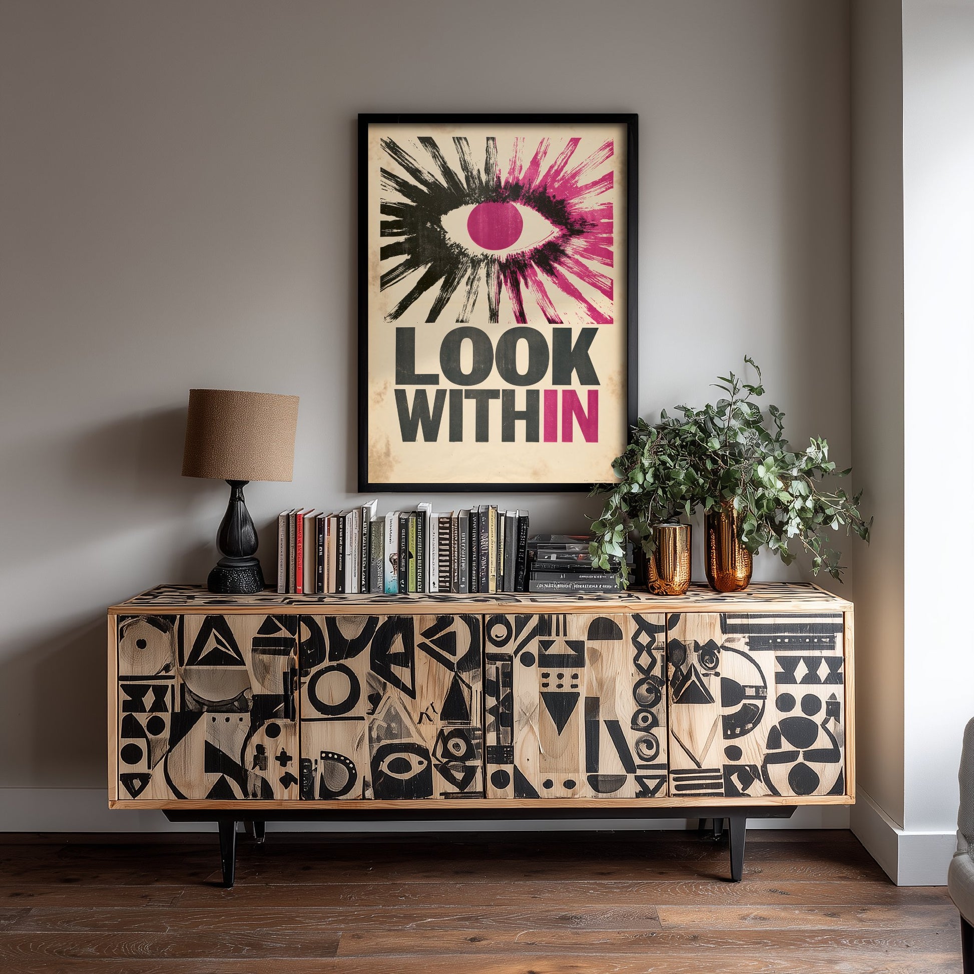 Look Within Affirmation Poster - Retro Woodcut Eye Art Print - Mindfulness Quote Illustration - Purple Letterpress Style Wall Decor