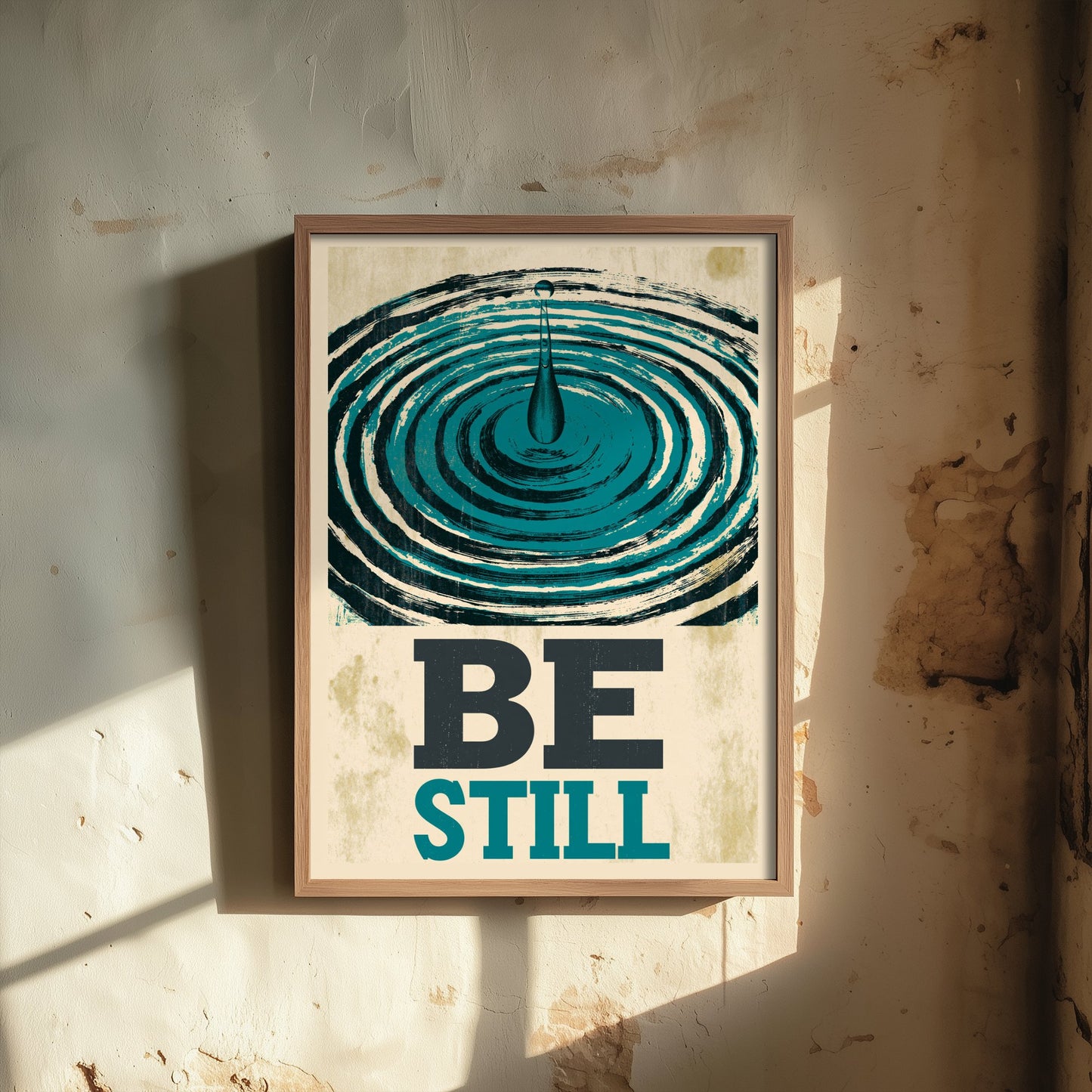 Be Still Affirmation Poster - Water Ripple Woodcut Art Print - Calming Quote Illustration - Teal Letterpress Style Meditation Decor