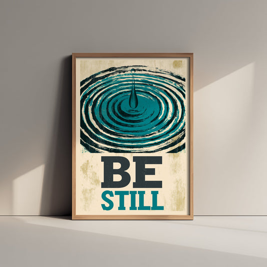 Be Still Affirmation Poster - Water Ripple Woodcut Art Print - Calming Quote Illustration - Teal Letterpress Style Meditation Decor