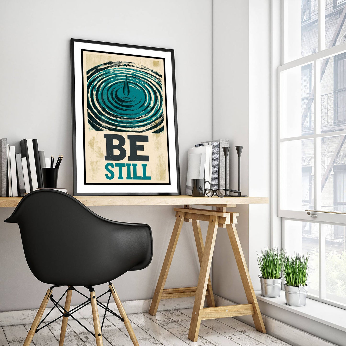 Be Still Affirmation Poster - Water Ripple Woodcut Art Print - Calming Quote Illustration - Teal Letterpress Style Meditation Decor