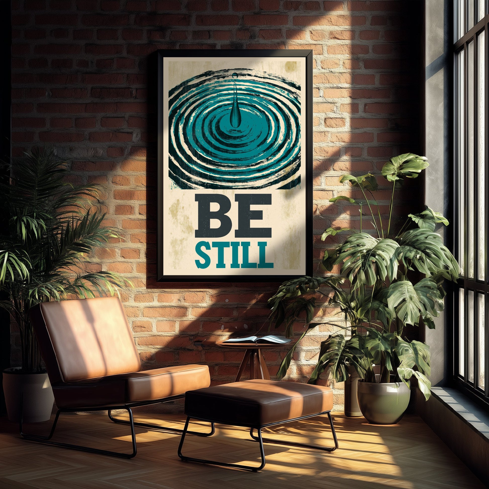 Be Still Affirmation Poster - Water Ripple Woodcut Art Print - Calming Quote Illustration - Teal Letterpress Style Meditation Decor