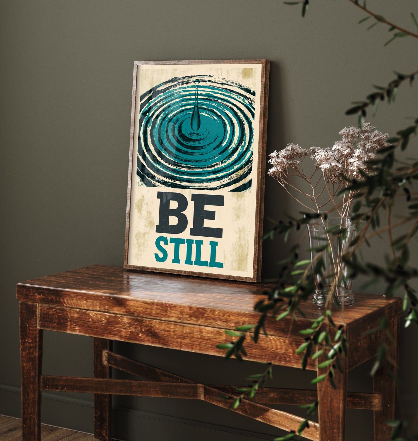 Be Still Affirmation Poster - Water Ripple Woodcut Art Print - Calming Quote Illustration - Teal Letterpress Style Meditation Decor