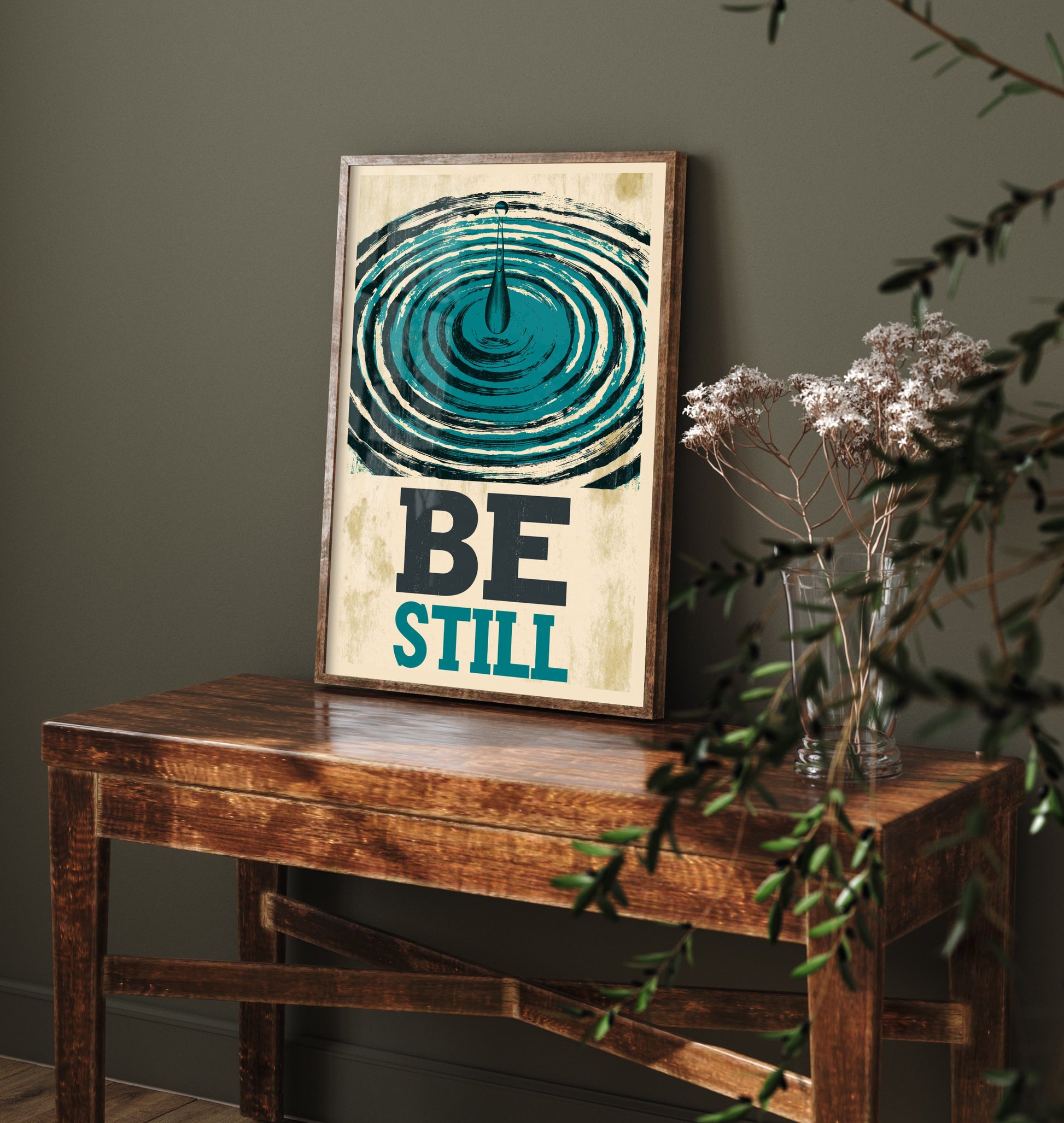 Be Still Affirmation Poster - Water Ripple Woodcut Art Print - Calming Quote Illustration - Teal Letterpress Style Meditation Decor