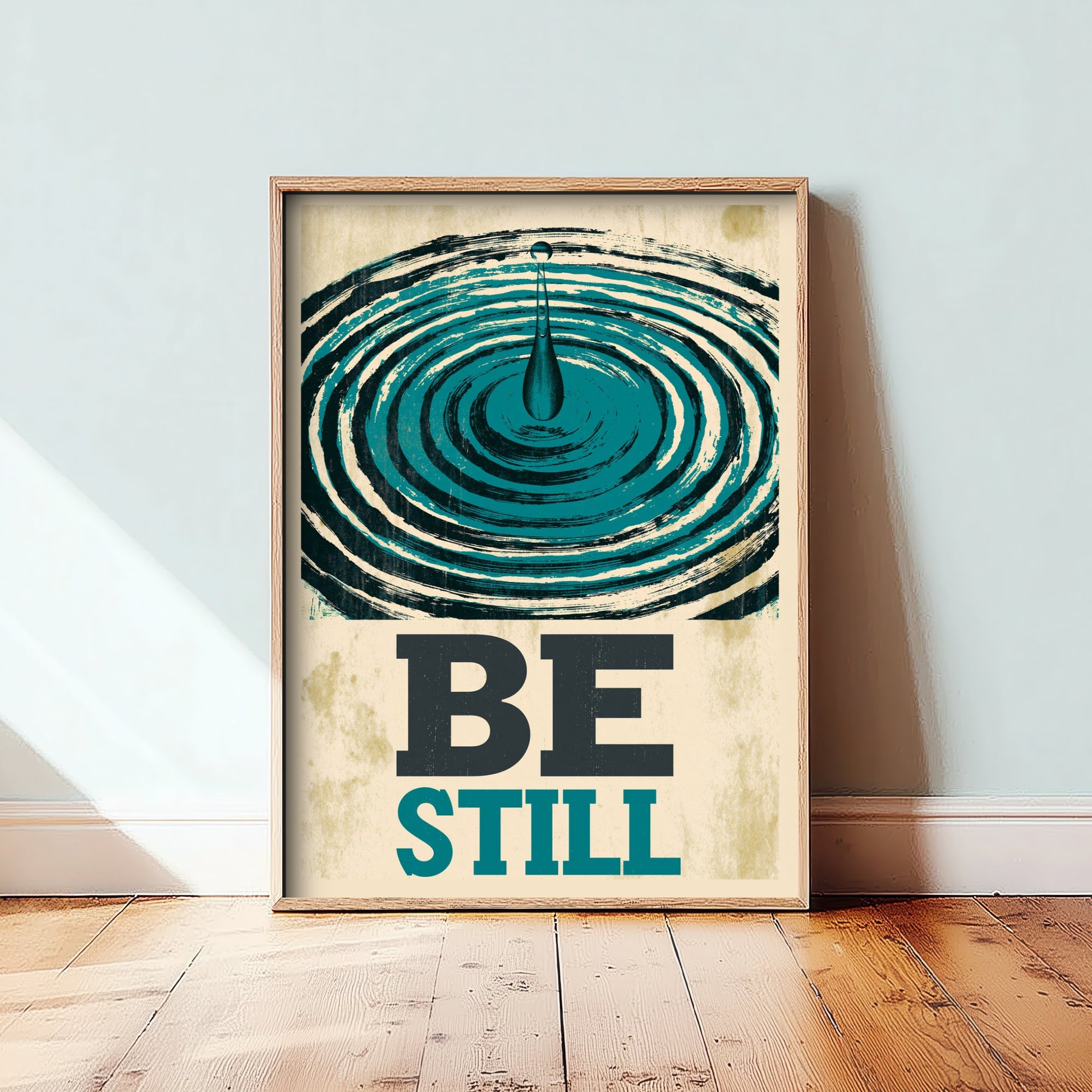 Be Still Affirmation Poster - Water Ripple Woodcut Art Print - Calming Quote Illustration - Teal Letterpress Style Meditation Decor