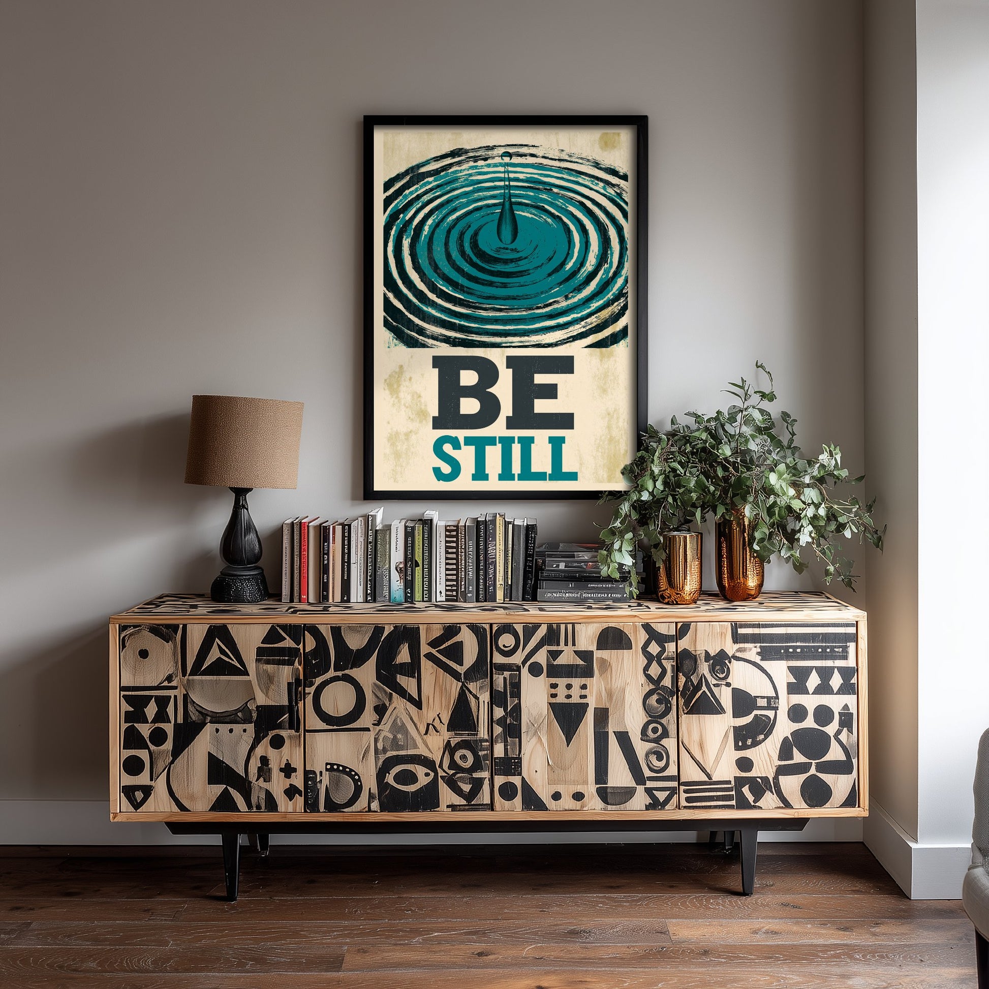 Be Still Affirmation Poster - Water Ripple Woodcut Art Print - Calming Quote Illustration - Teal Letterpress Style Meditation Decor