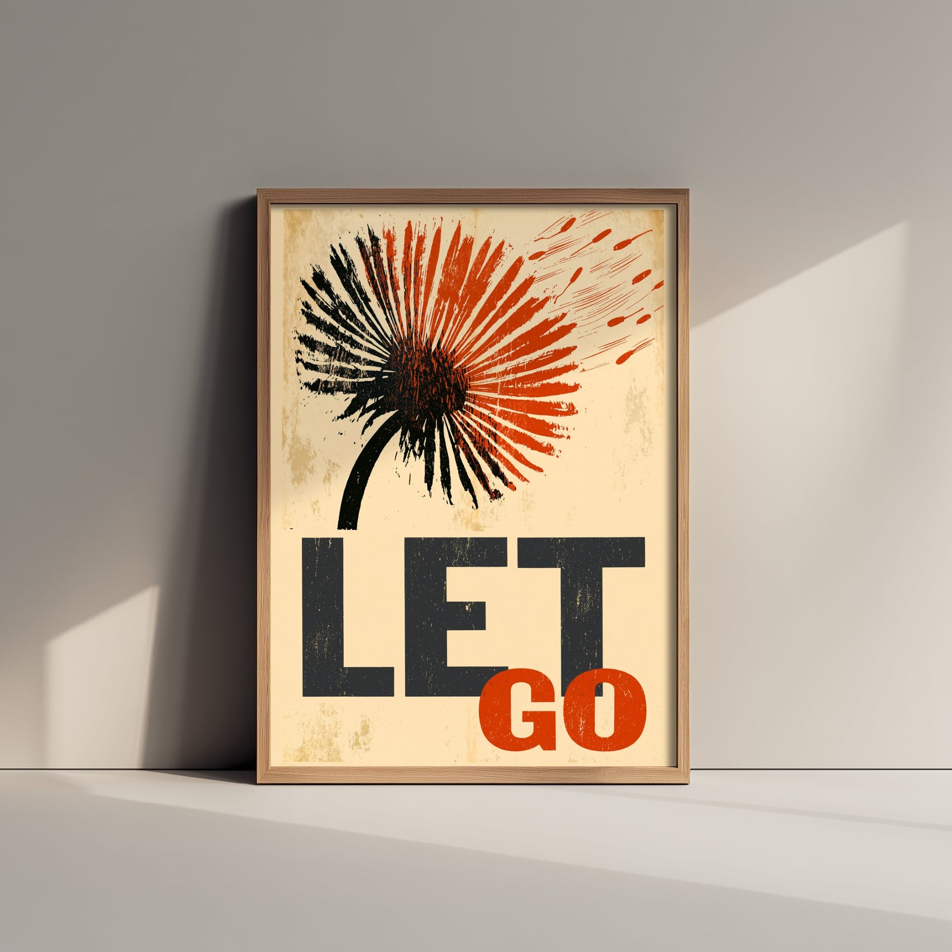 Let Go Affirmation Poster - Dandelion Woodcut Art Print - Mindfulness Quote Illustration - Orange Letterpress Style Wall Decor
