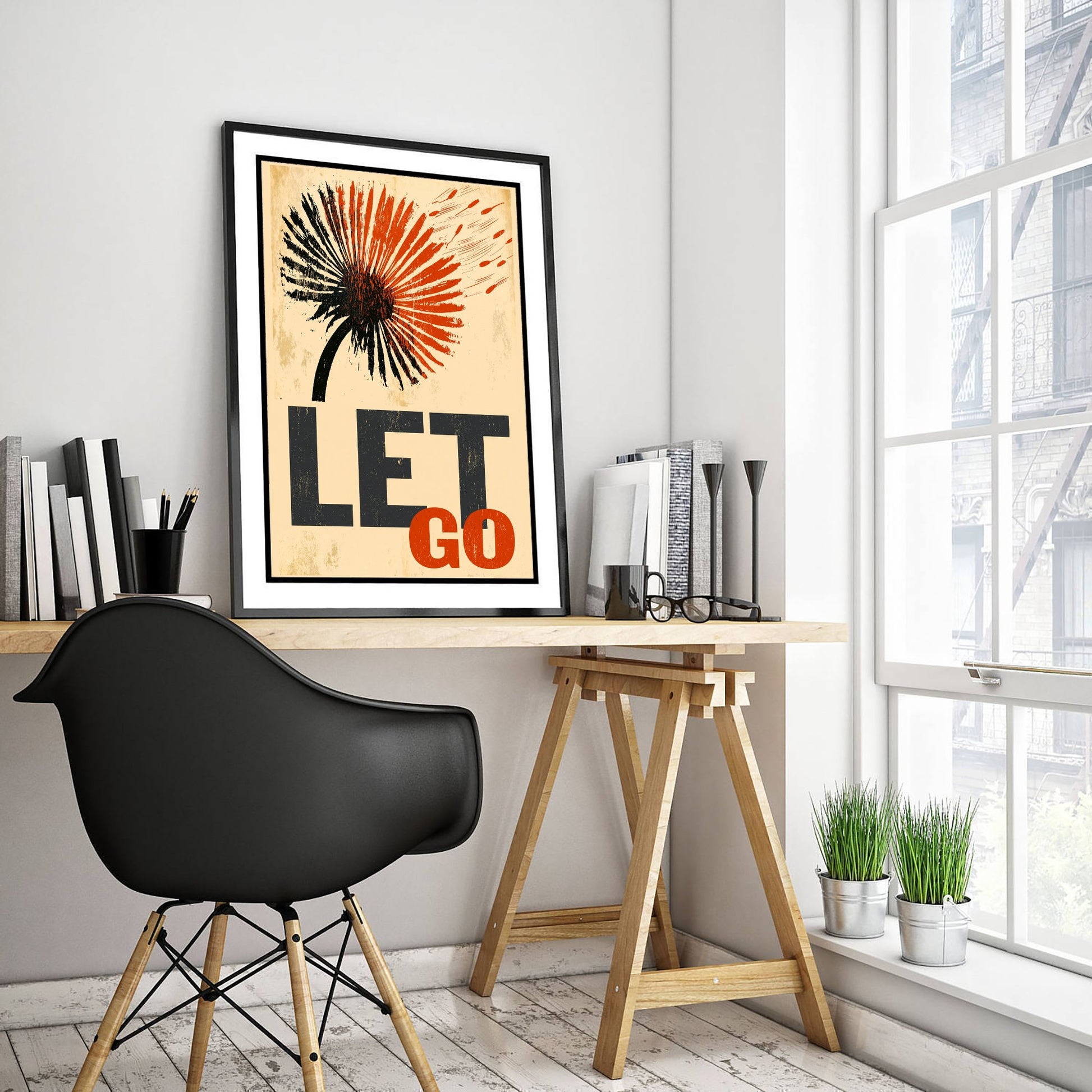 Let Go Affirmation Poster - Dandelion Woodcut Art Print - Mindfulness Quote Illustration - Orange Letterpress Style Wall Decor