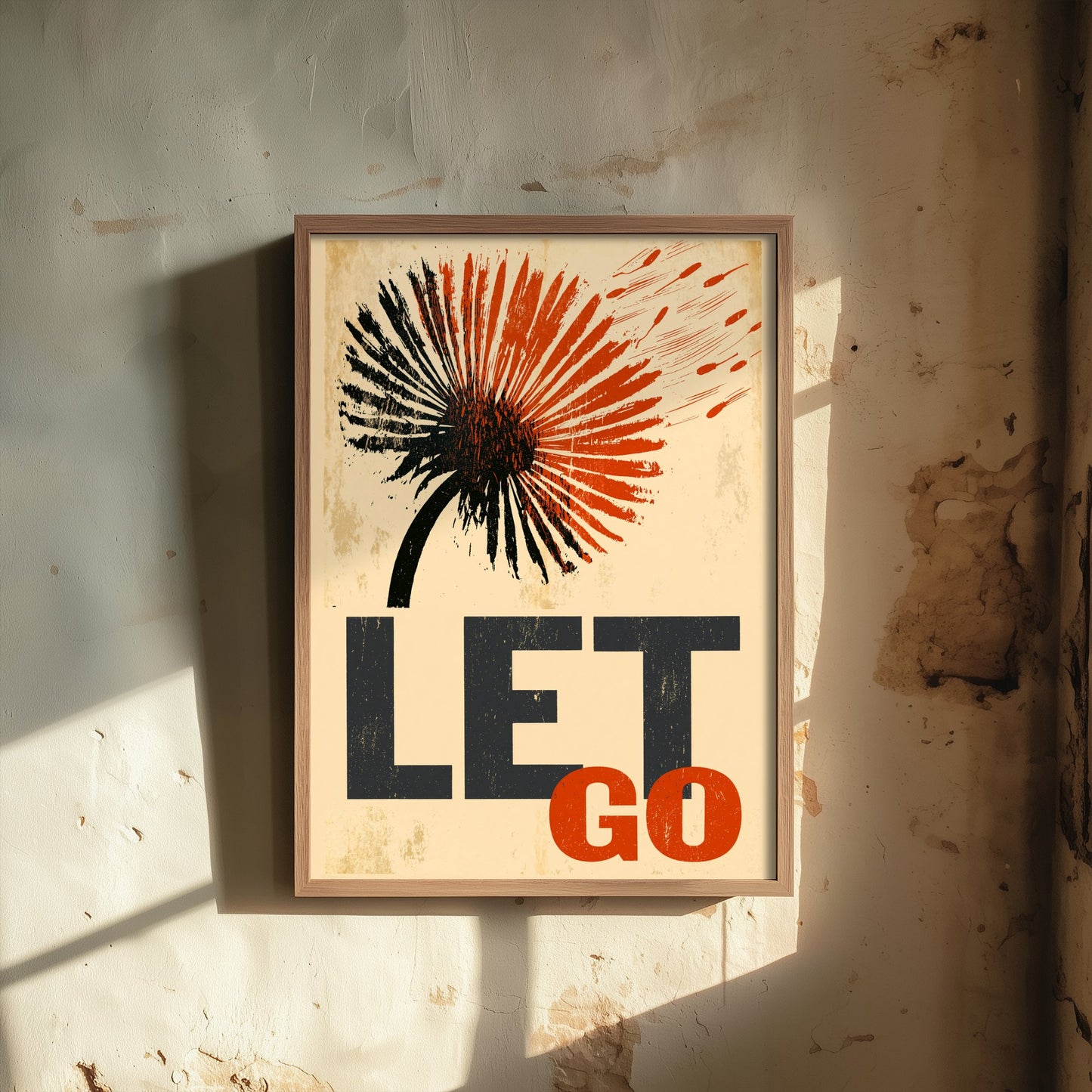 Let Go Affirmation Poster - Dandelion Woodcut Art Print - Mindfulness Quote Illustration - Orange Letterpress Style Wall Decor