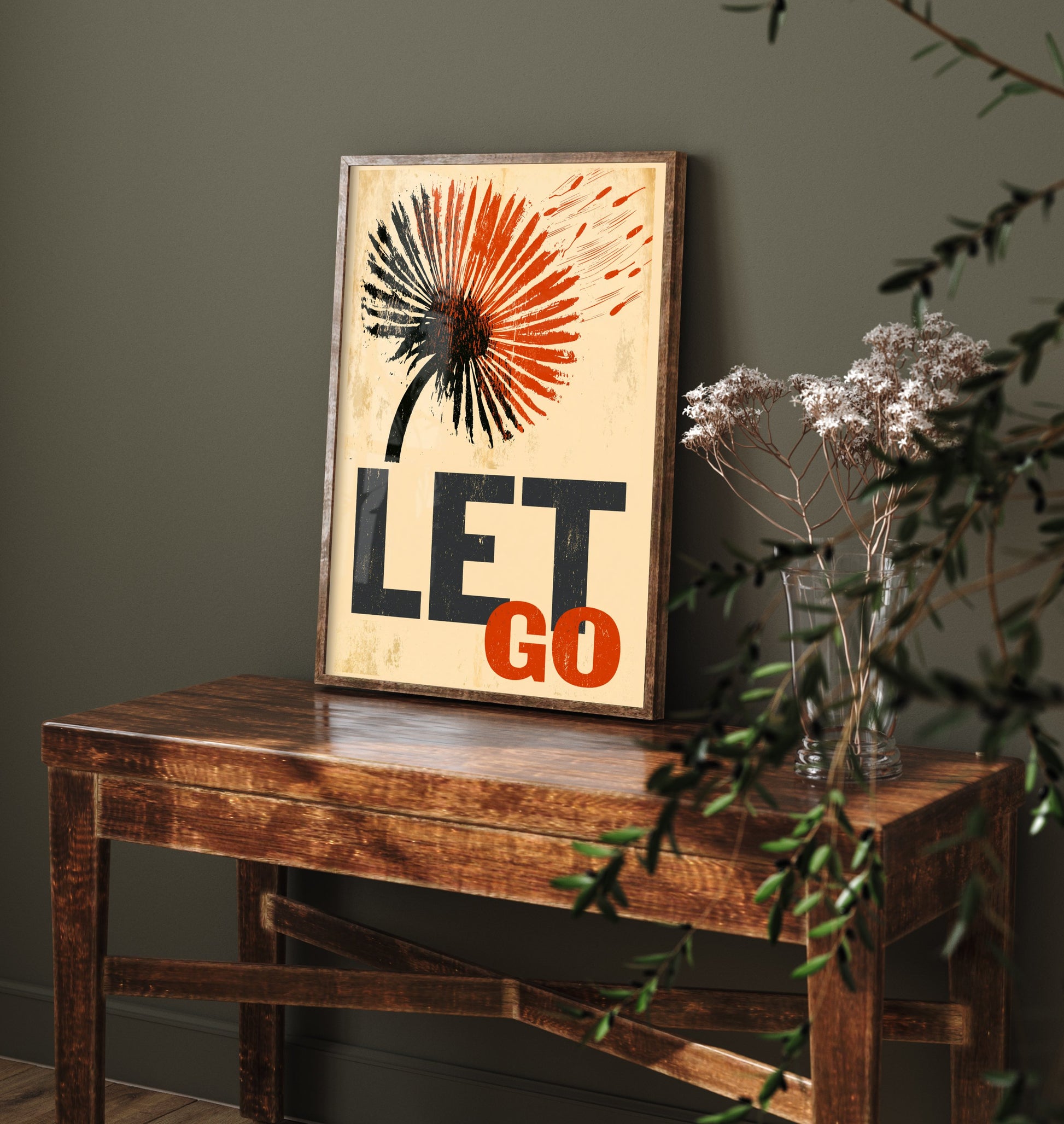 Let Go Affirmation Poster - Dandelion Woodcut Art Print - Mindfulness Quote Illustration - Orange Letterpress Style Wall Decor
