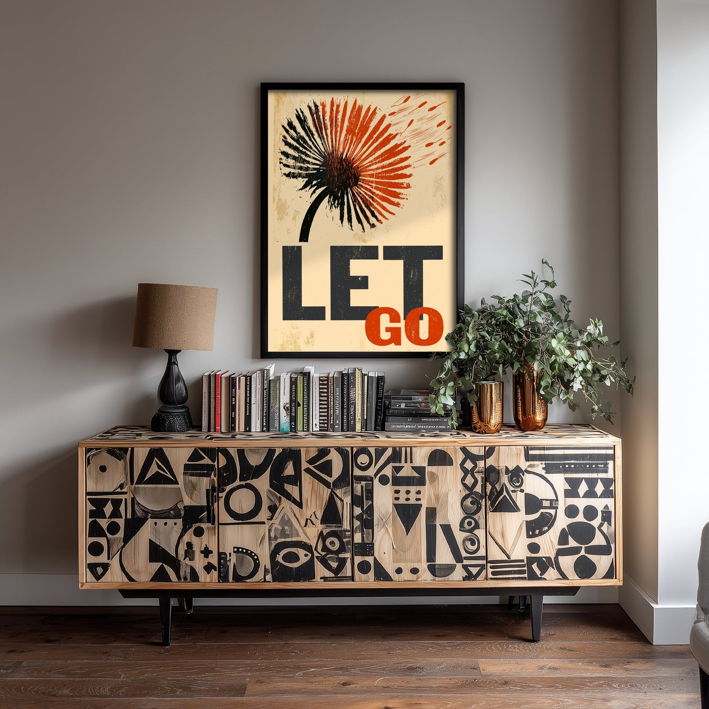 Let Go Affirmation Poster - Dandelion Woodcut Art Print - Mindfulness Quote Illustration - Orange Letterpress Style Wall Decor