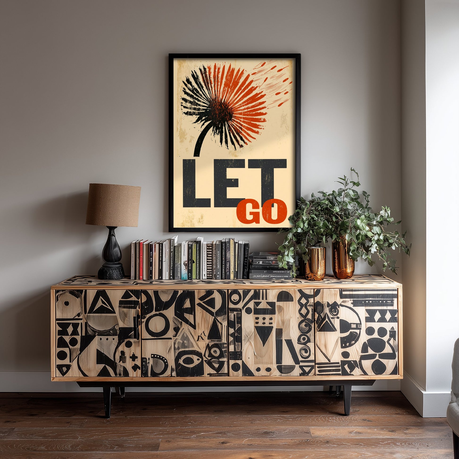 Let Go Affirmation Poster - Dandelion Woodcut Art Print - Mindfulness Quote Illustration - Orange Letterpress Style Wall Decor