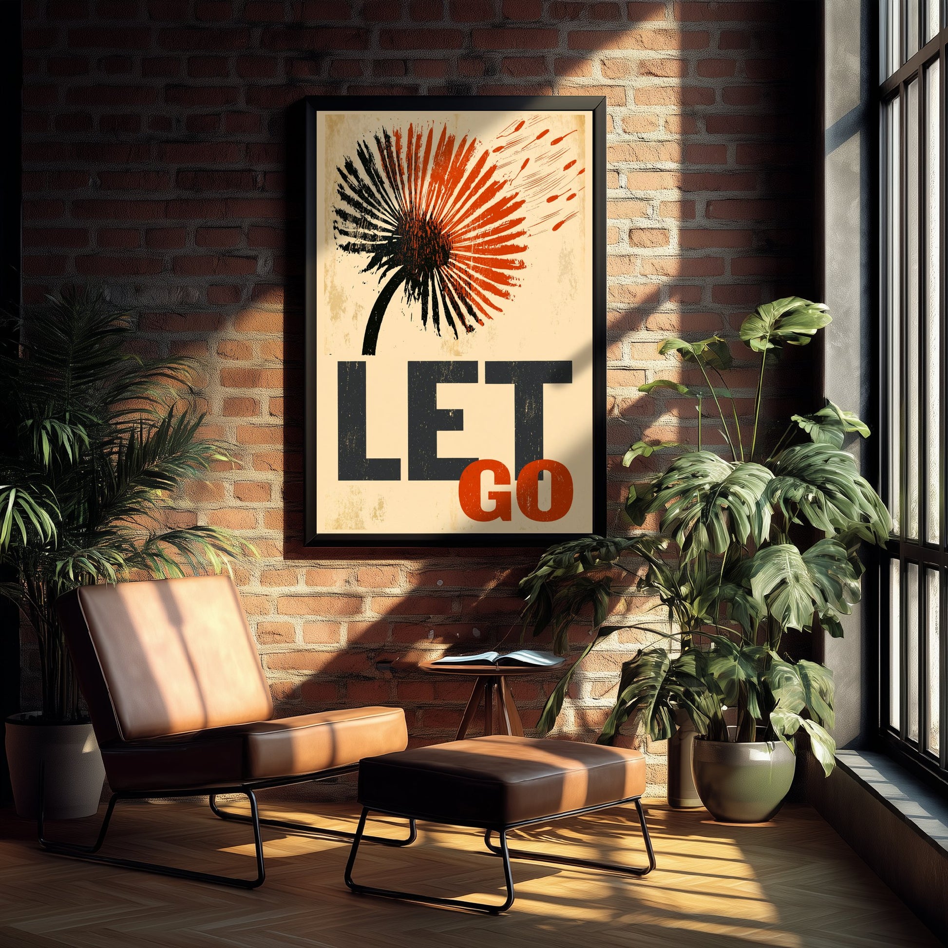 Let Go Affirmation Poster - Dandelion Woodcut Art Print - Mindfulness Quote Illustration - Orange Letterpress Style Wall Decor