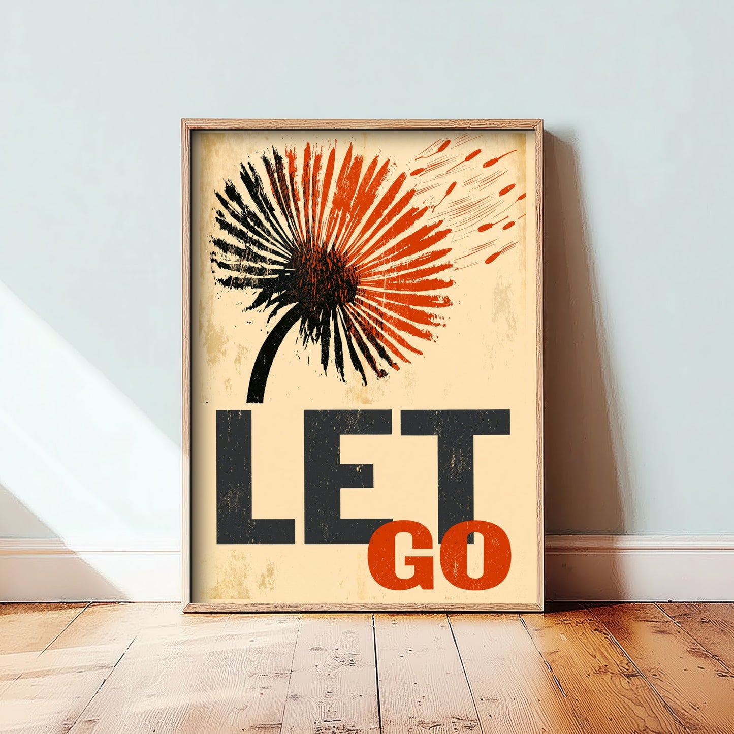 Let Go Affirmation Poster - Dandelion Woodcut Art Print - Mindfulness Quote Illustration - Orange Letterpress Style Wall Decor