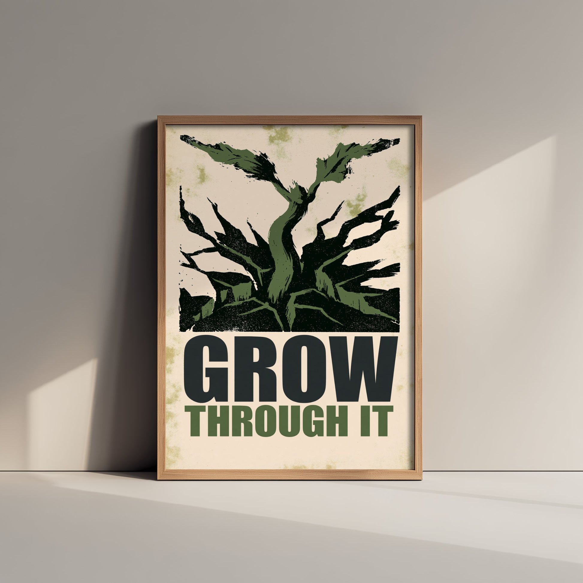 Grow Through It Affirmation Poster - Sprout Woodcut Art Print - Motivational Quote Illustration - Green Letterpress Style Wall Decor