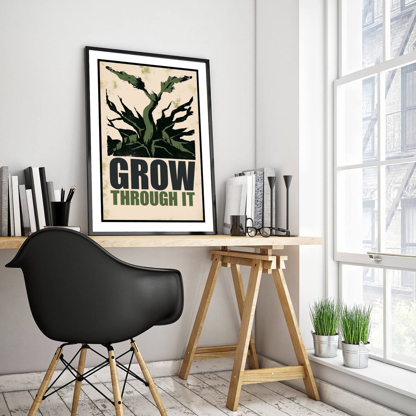 Grow Through It Affirmation Poster - Sprout Woodcut Art Print - Motivational Quote Illustration - Green Letterpress Style Wall Decor