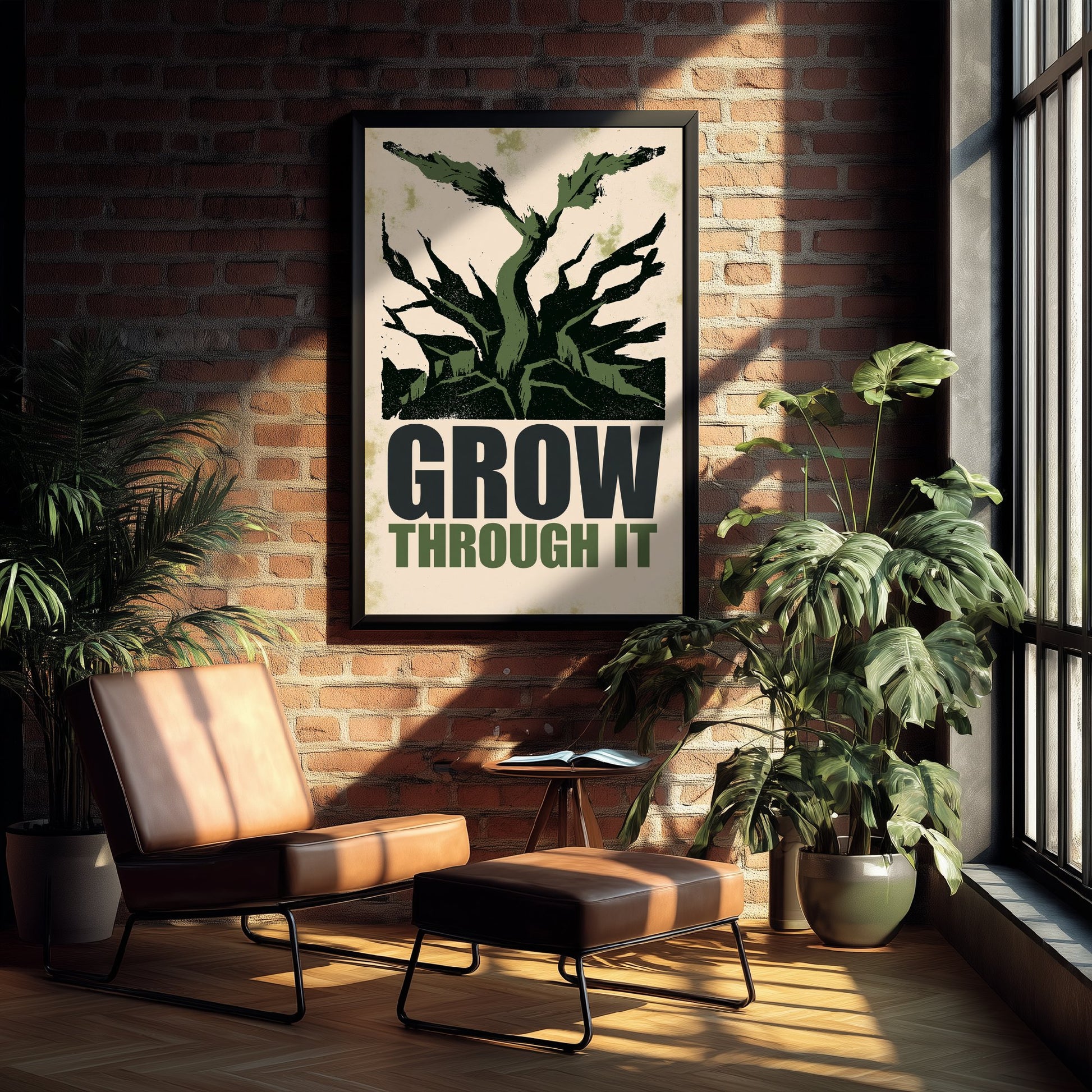 Grow Through It Affirmation Poster - Sprout Woodcut Art Print - Motivational Quote Illustration - Green Letterpress Style Wall Decor