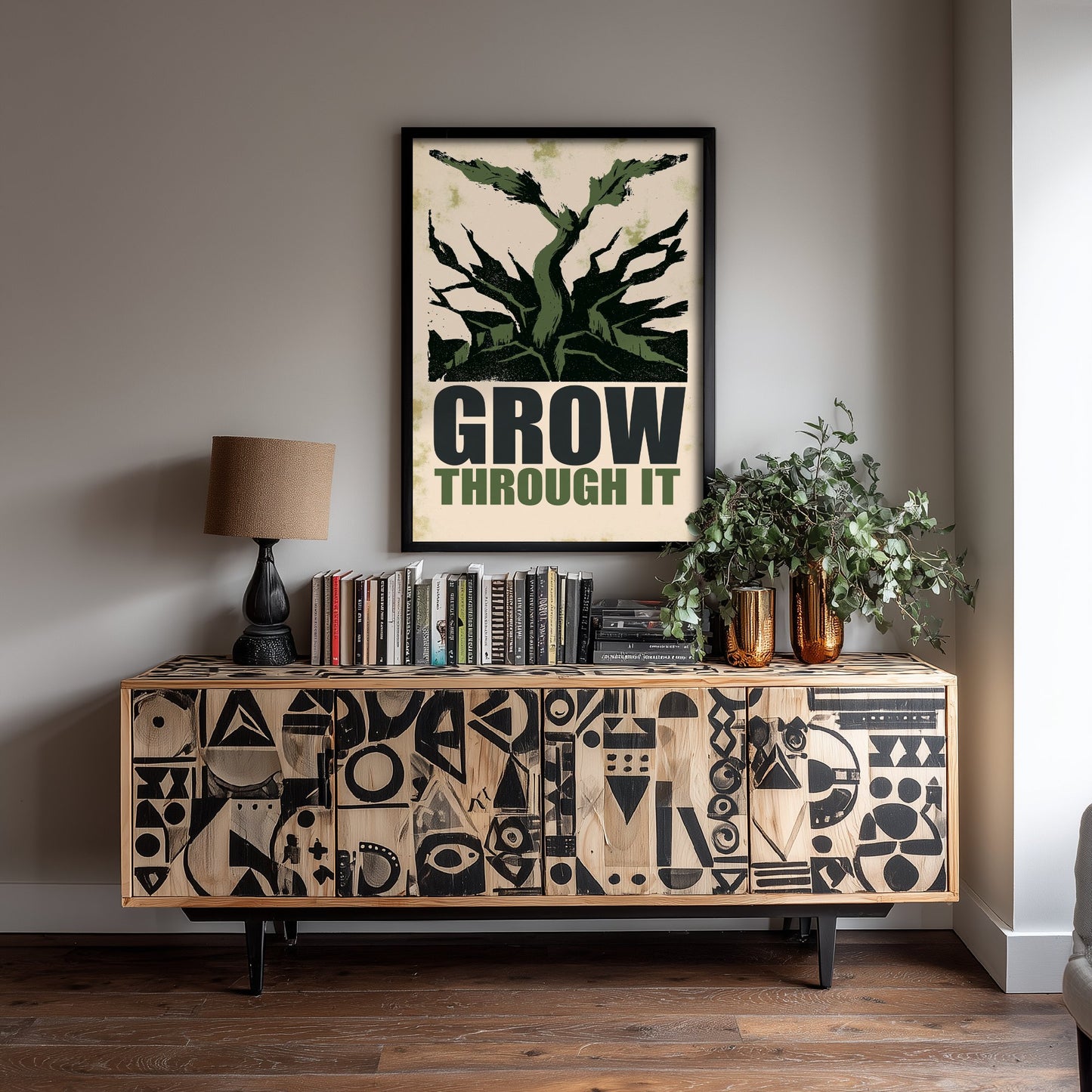 Grow Through It Affirmation Poster - Sprout Woodcut Art Print - Motivational Quote Illustration - Green Letterpress Style Wall Decor