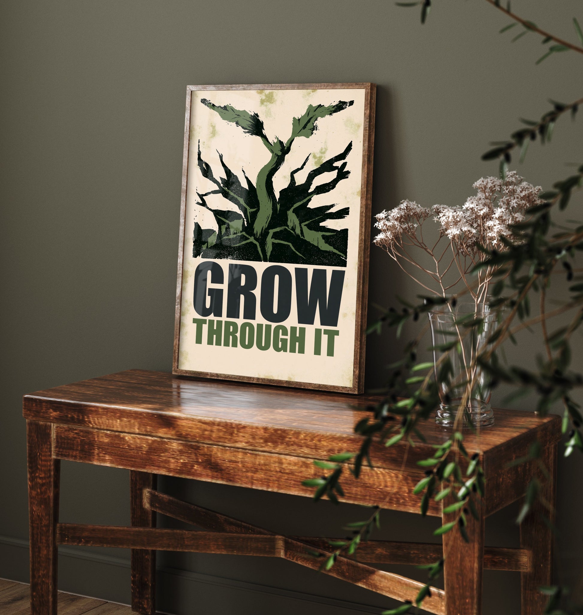 Grow Through It Affirmation Poster - Sprout Woodcut Art Print - Motivational Quote Illustration - Green Letterpress Style Wall Decor