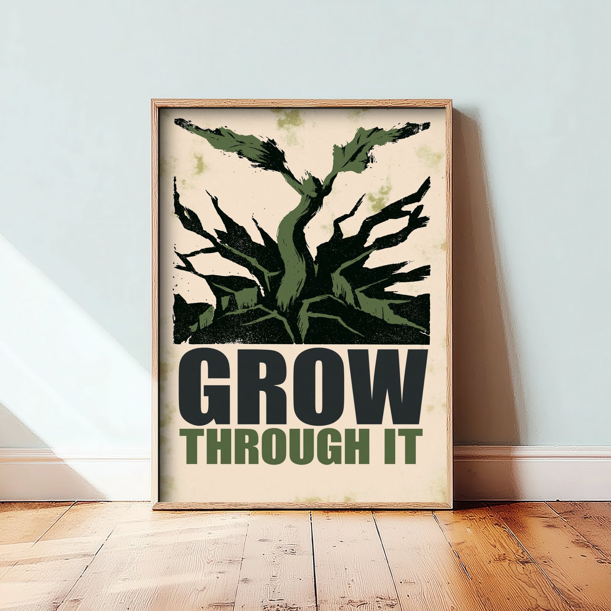 Grow Through It Affirmation Poster - Sprout Woodcut Art Print - Motivational Quote Illustration - Green Letterpress Style Wall Decor
