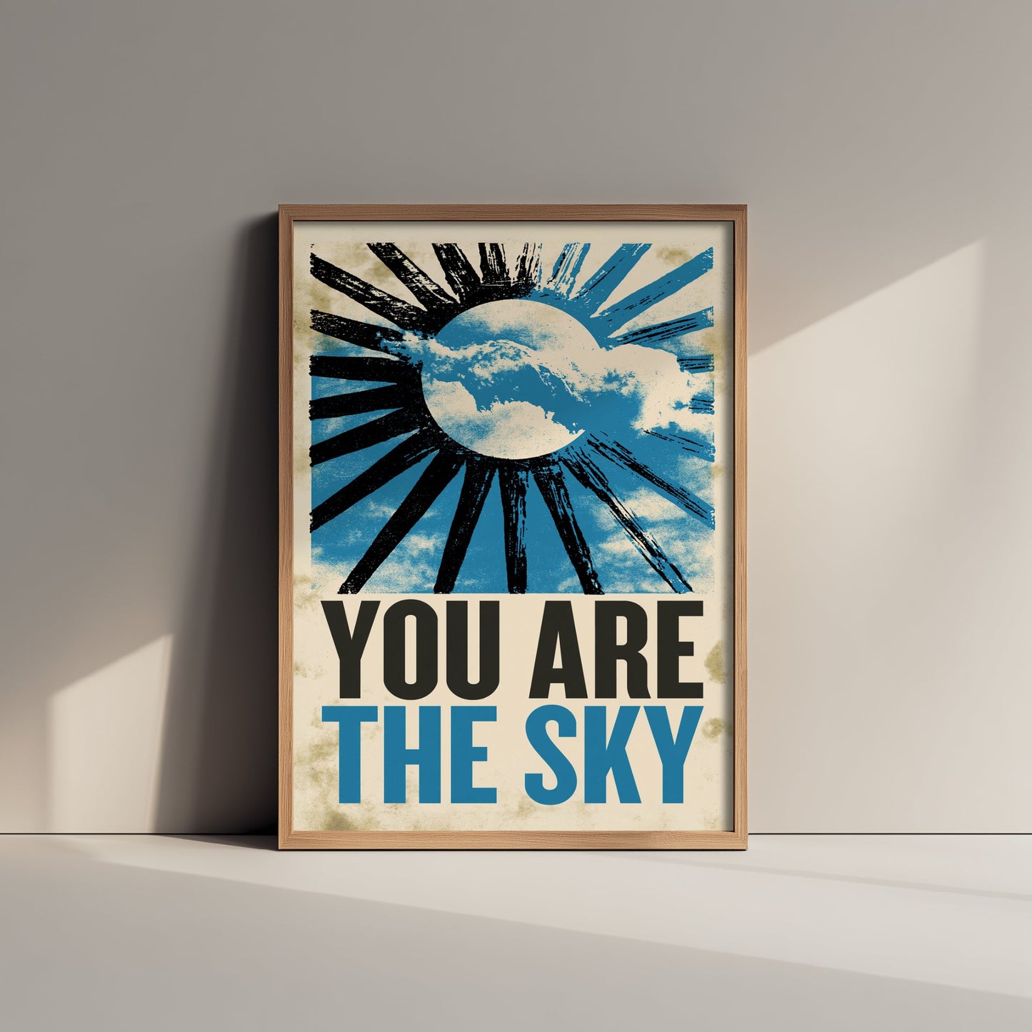 You Are the Sky Affirmation Poster - Sun and Clouds Woodcut Art Print - Mindfulness Quote Illustration - Blue Letterpress Style Decor