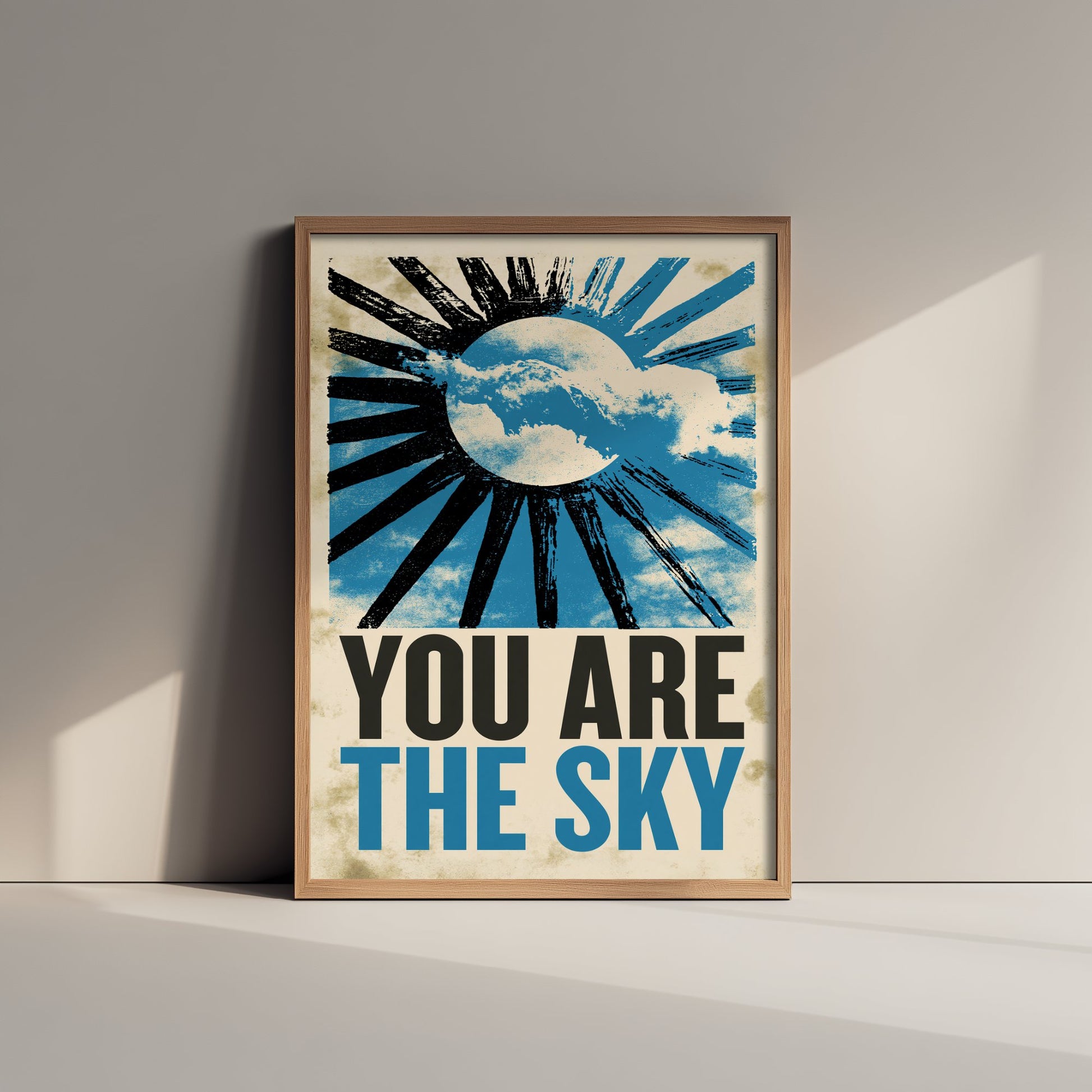 You Are the Sky Affirmation Poster - Sun and Clouds Woodcut Art Print - Mindfulness Quote Illustration - Blue Letterpress Style Decor