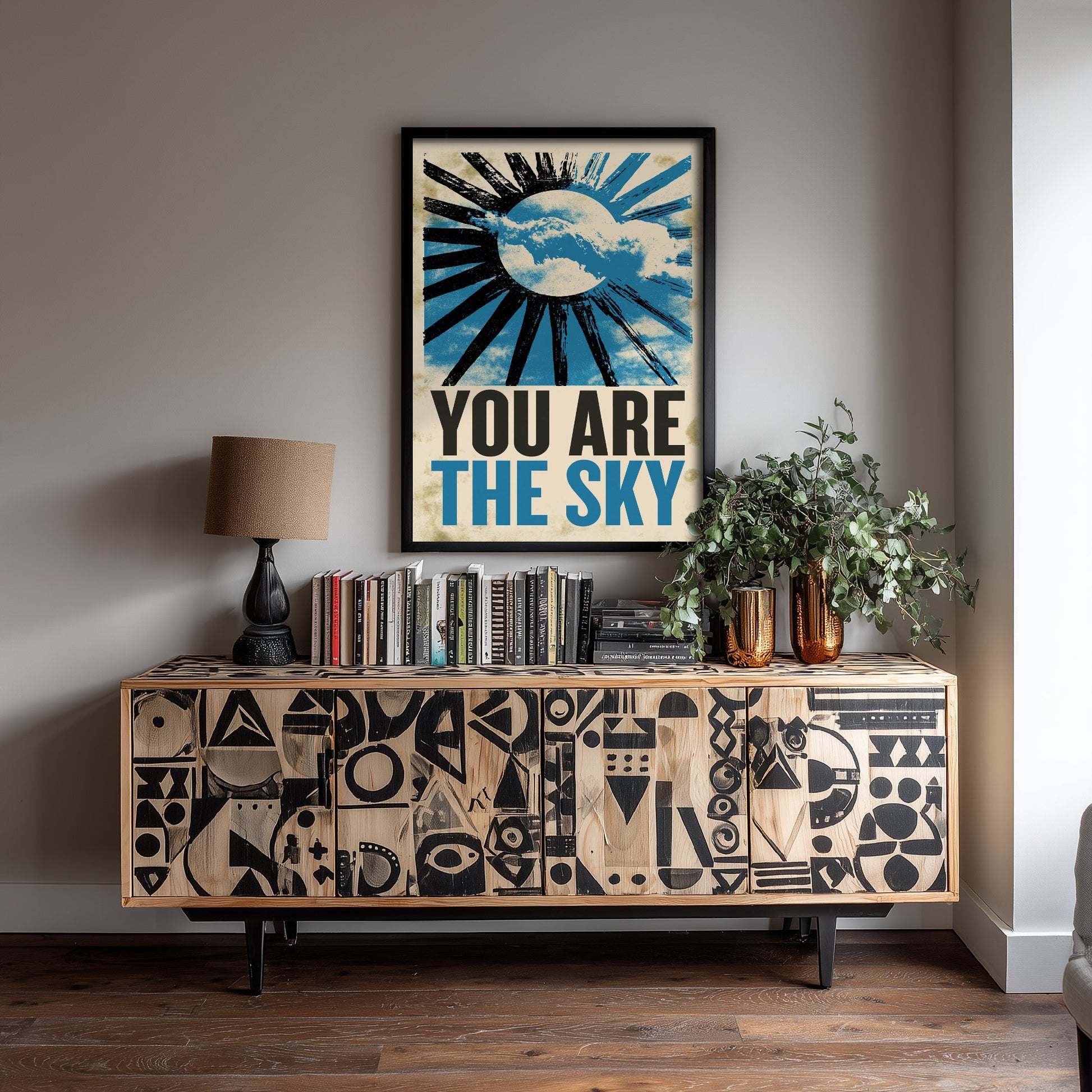 You Are the Sky Affirmation Poster - Sun and Clouds Woodcut Art Print - Mindfulness Quote Illustration - Blue Letterpress Style Decor