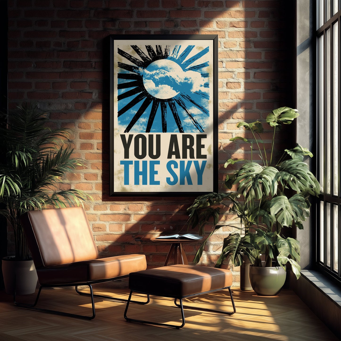 You Are the Sky Affirmation Poster - Sun and Clouds Woodcut Art Print - Mindfulness Quote Illustration - Blue Letterpress Style Decor