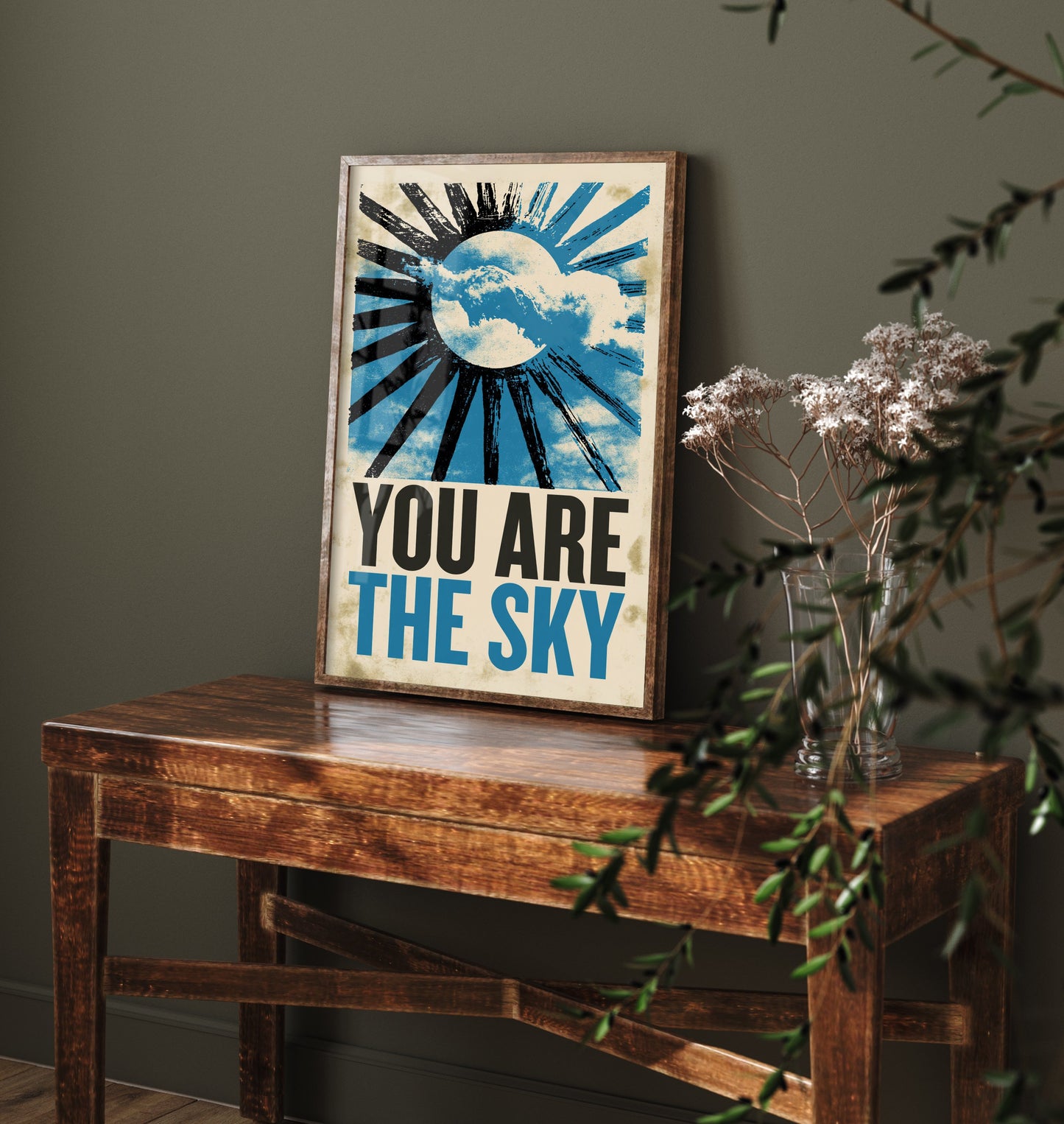 You Are the Sky Affirmation Poster - Sun and Clouds Woodcut Art Print - Mindfulness Quote Illustration - Blue Letterpress Style Decor