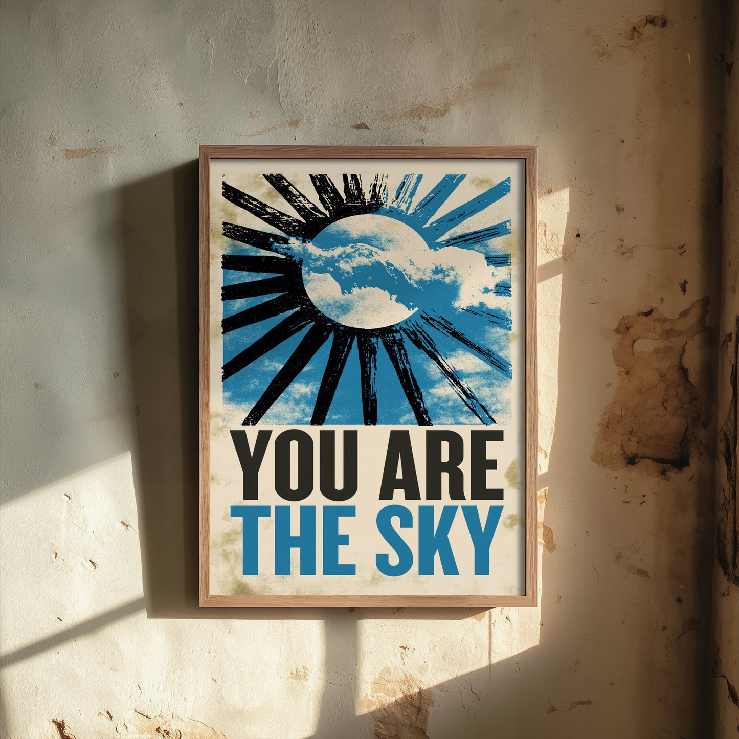 You Are the Sky Affirmation Poster - Sun and Clouds Woodcut Art Print - Mindfulness Quote Illustration - Blue Letterpress Style Decor