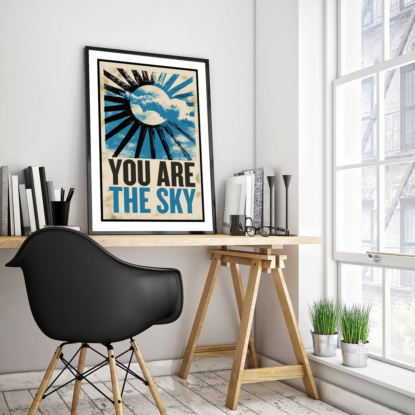 You Are the Sky Affirmation Poster - Sun and Clouds Woodcut Art Print - Mindfulness Quote Illustration - Blue Letterpress Style Decor