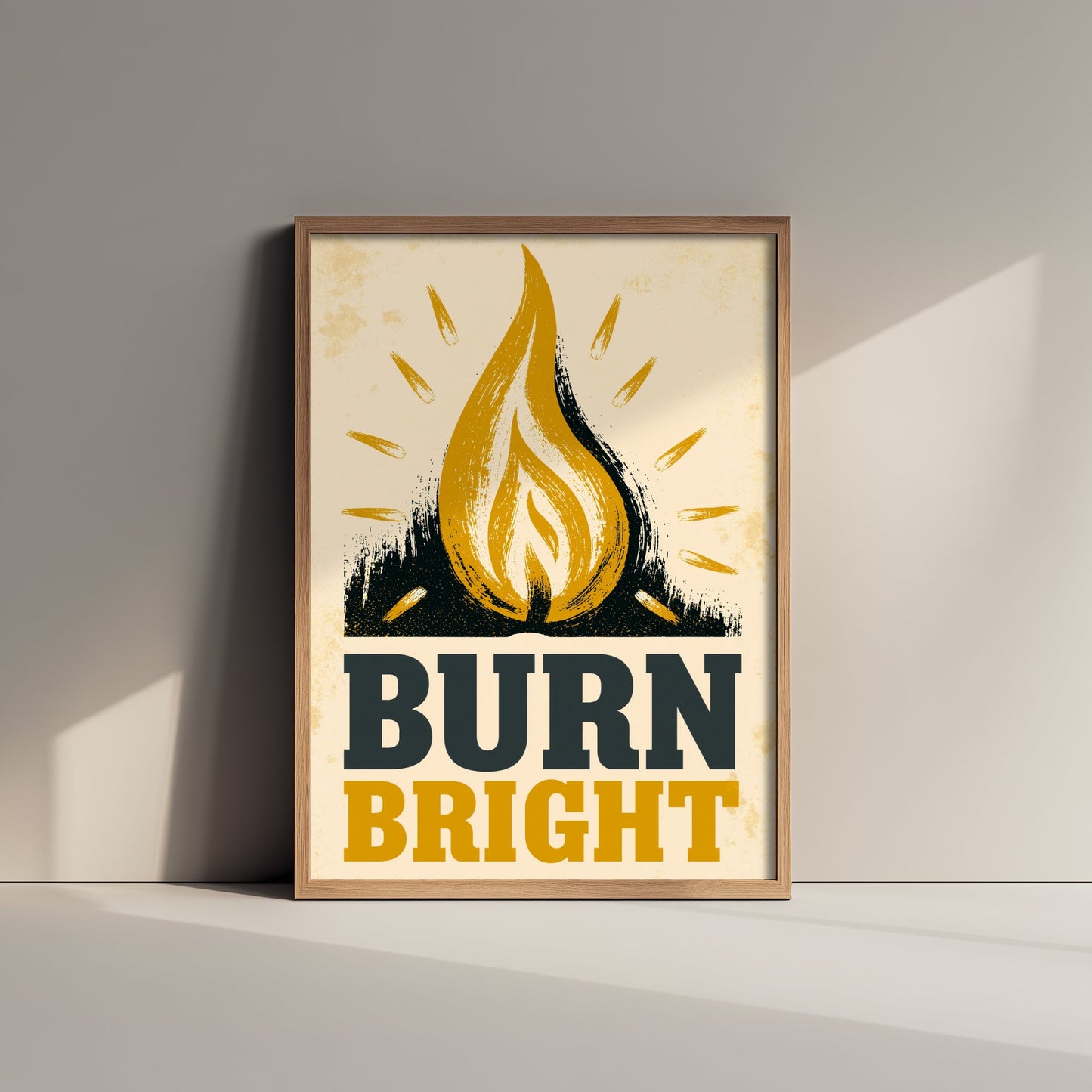 Burn Bright Affirmation Poster - Candle Flame Woodcut Art Print - Motivational Quote Illustration - Yellow Letterpress Style Wall Decor