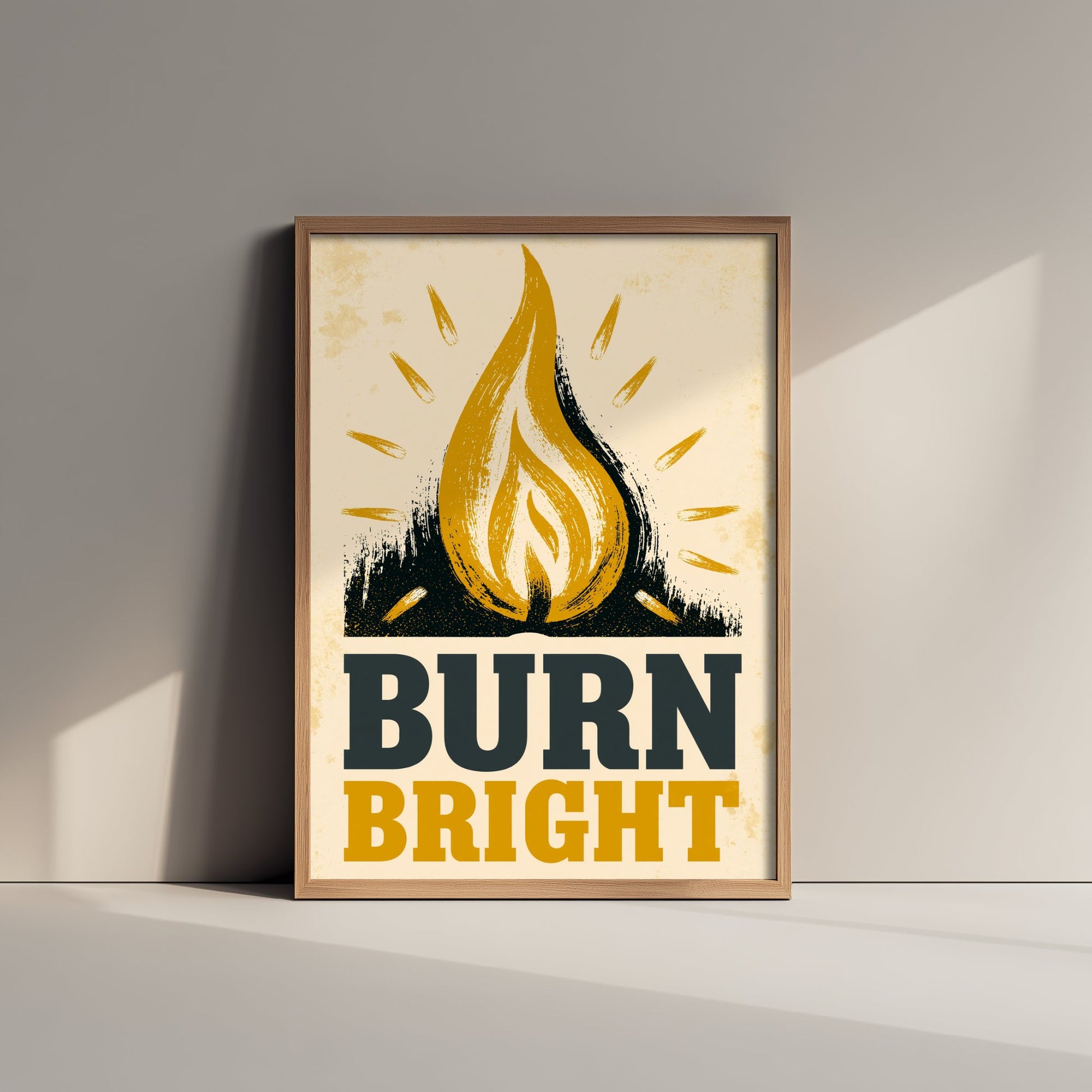 Burn Bright Affirmation Poster - Candle Flame Woodcut Art Print - Motivational Quote Illustration - Yellow Letterpress Style Wall Decor