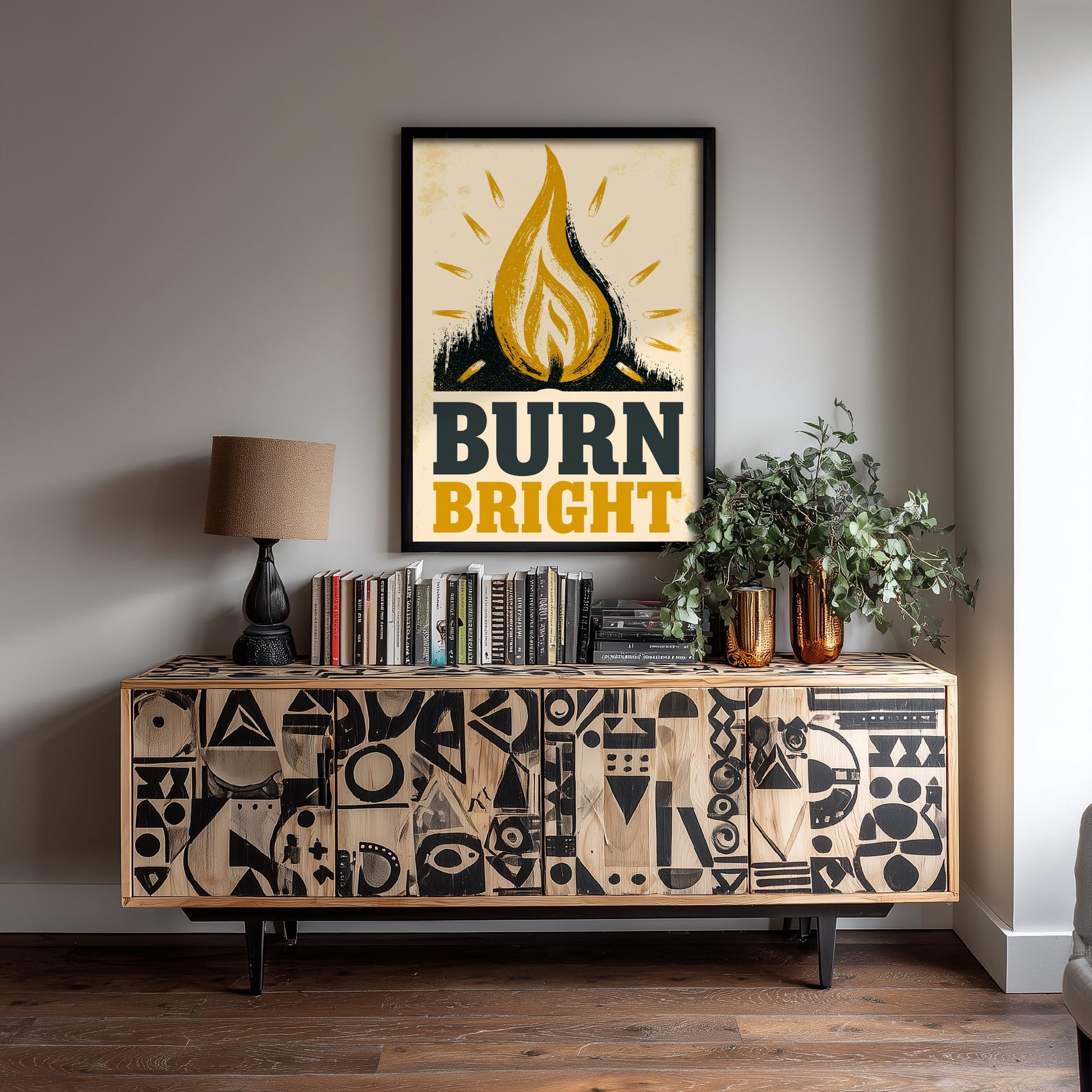 Burn Bright Affirmation Poster - Candle Flame Woodcut Art Print - Motivational Quote Illustration - Yellow Letterpress Style Wall Decor