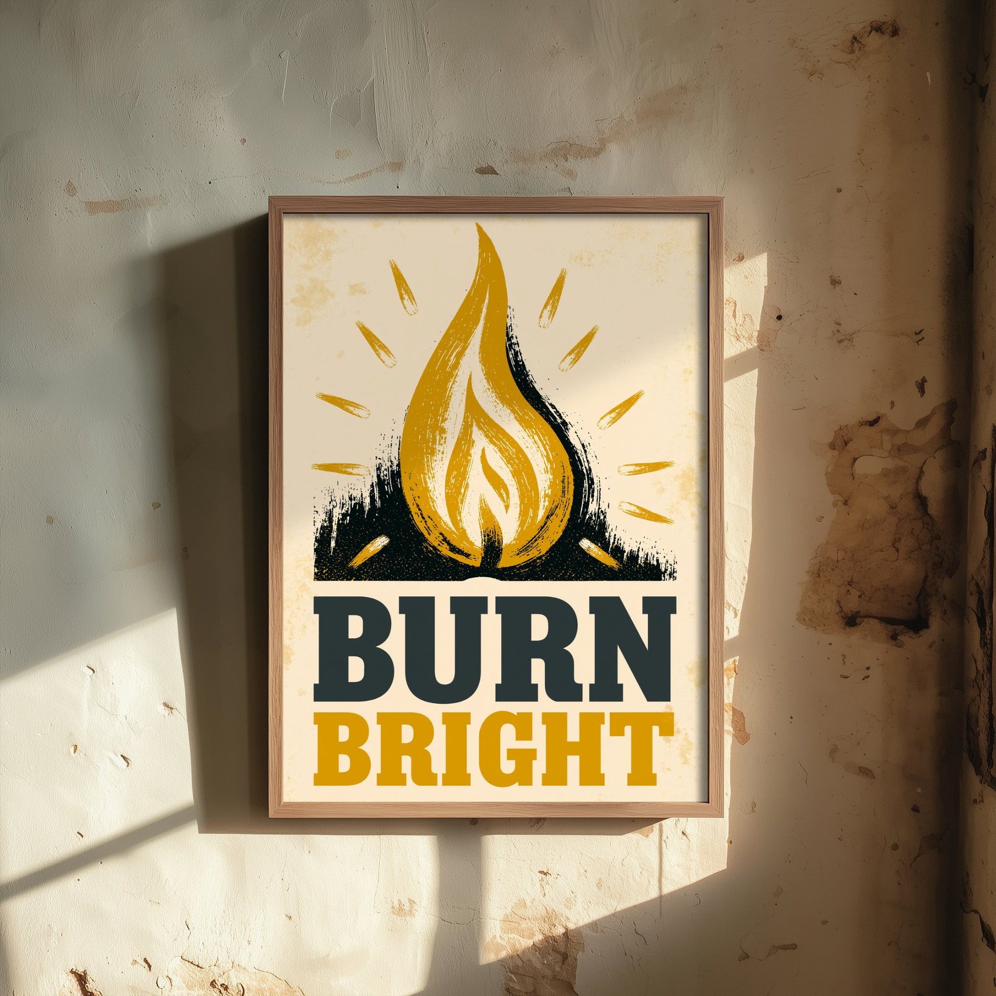 Burn Bright Affirmation Poster - Candle Flame Woodcut Art Print - Motivational Quote Illustration - Yellow Letterpress Style Wall Decor