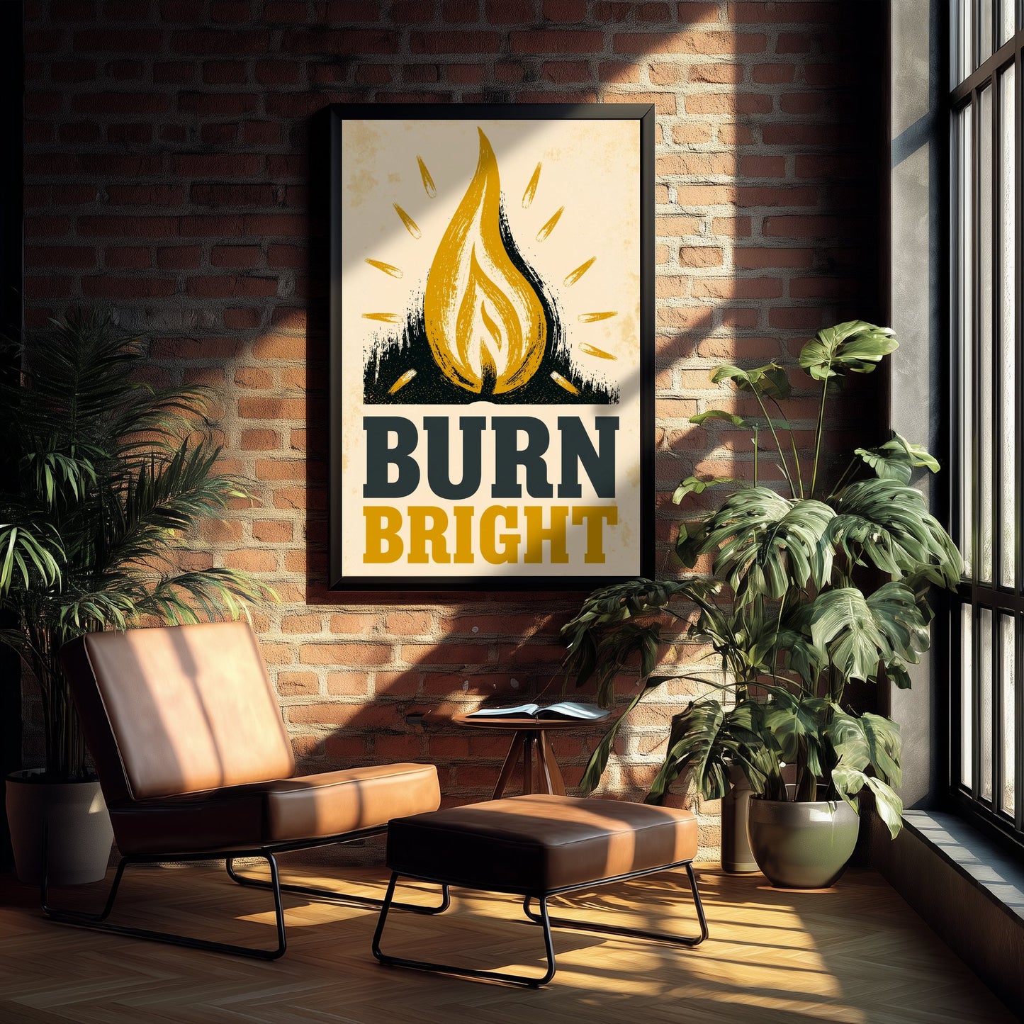 Burn Bright Affirmation Poster - Candle Flame Woodcut Art Print - Motivational Quote Illustration - Yellow Letterpress Style Wall Decor