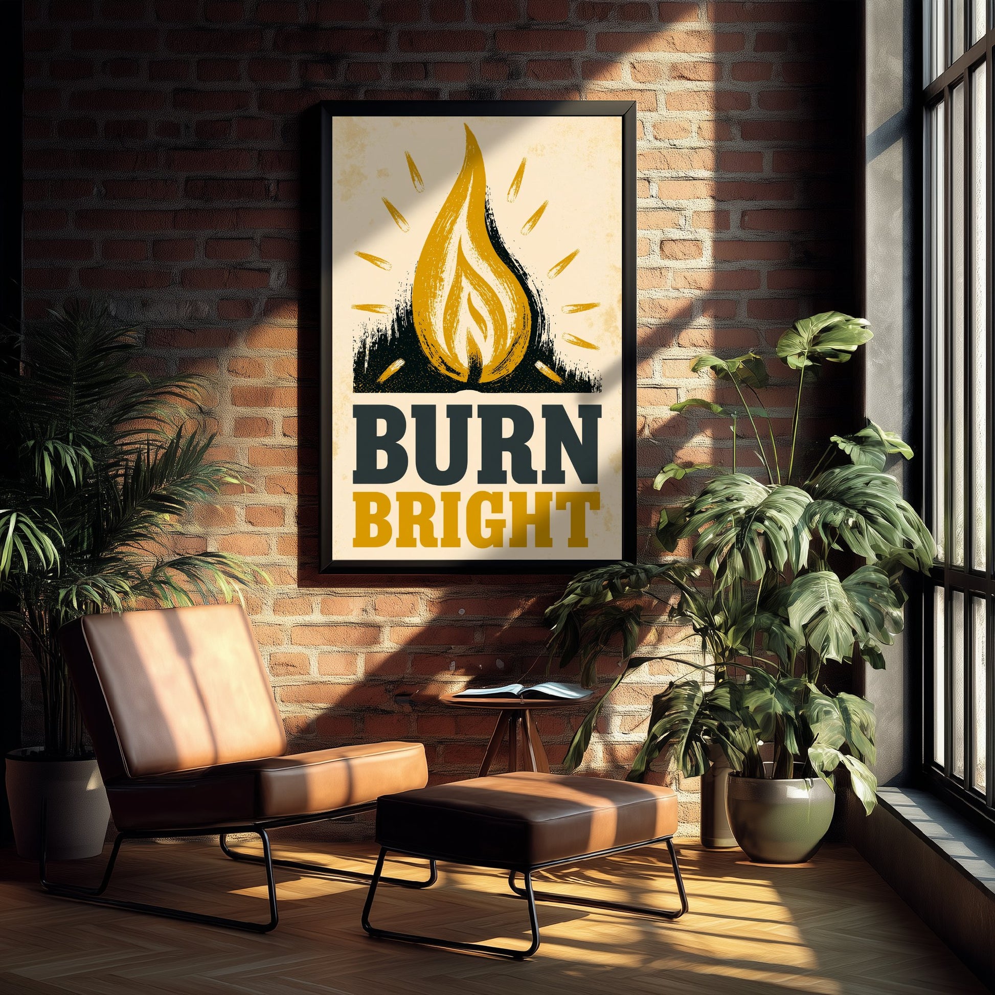 Burn Bright Affirmation Poster - Candle Flame Woodcut Art Print - Motivational Quote Illustration - Yellow Letterpress Style Wall Decor