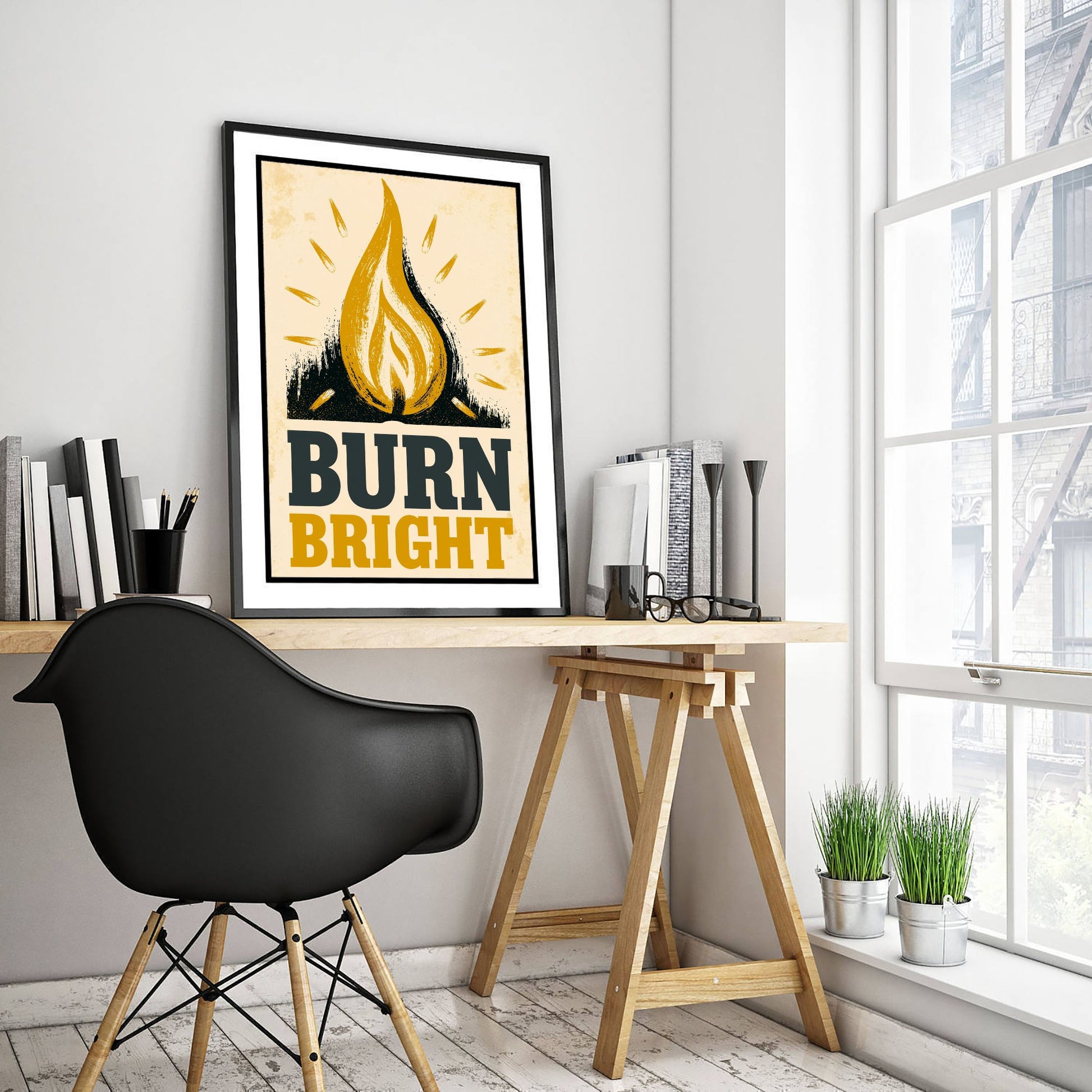 Burn Bright Affirmation Poster - Candle Flame Woodcut Art Print - Motivational Quote Illustration - Yellow Letterpress Style Wall Decor