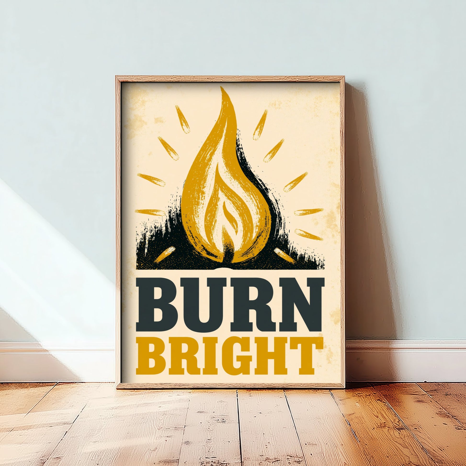 Burn Bright Affirmation Poster - Candle Flame Woodcut Art Print - Motivational Quote Illustration - Yellow Letterpress Style Wall Decor