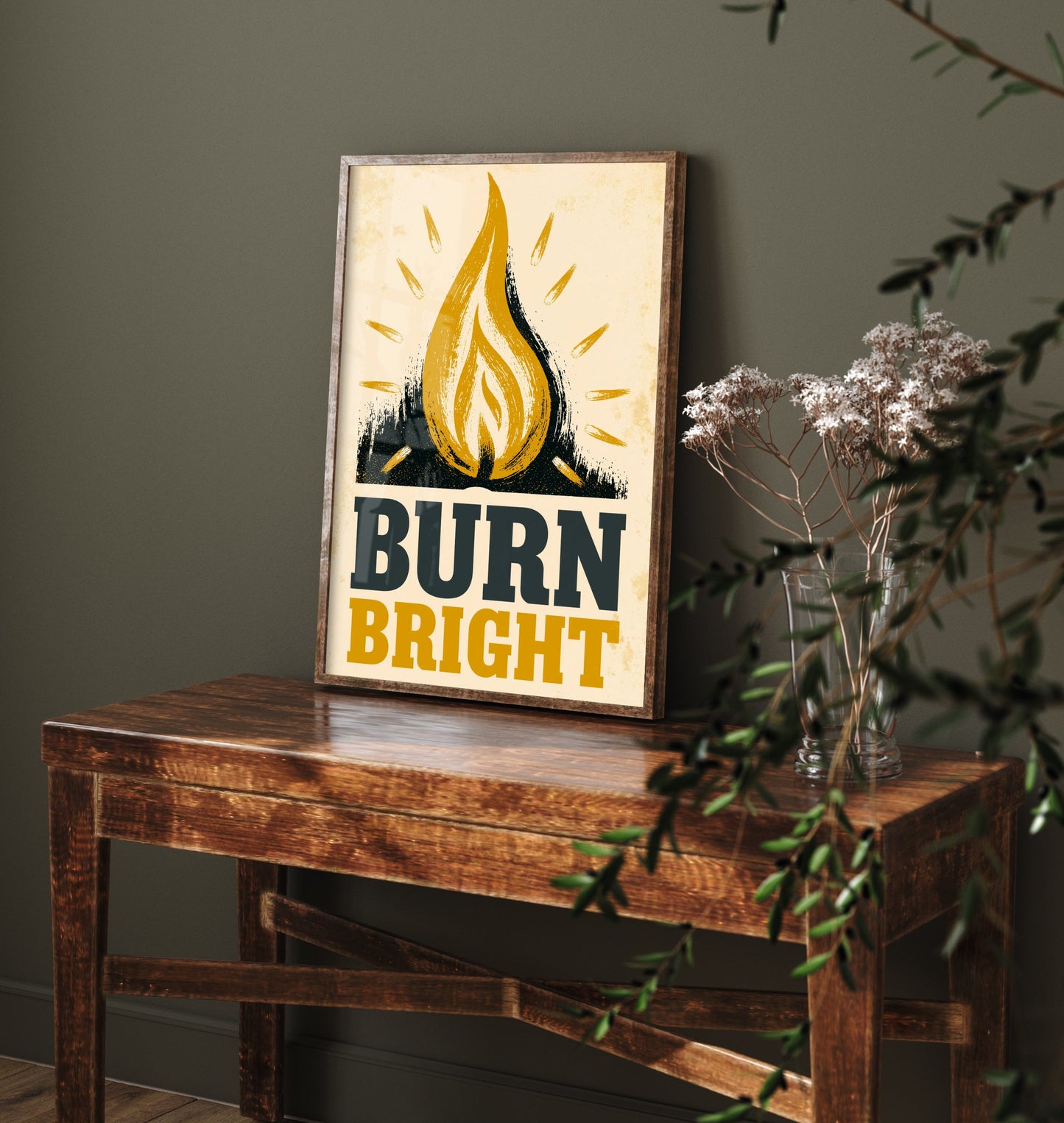 Burn Bright Affirmation Poster - Candle Flame Woodcut Art Print - Motivational Quote Illustration - Yellow Letterpress Style Wall Decor