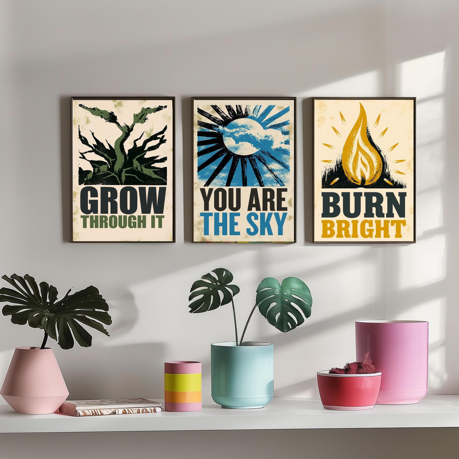 Stillpress Affirmation Set of Three Art Prints - Grow Through It, You Are the Sky, Burn Bright - Vintage Woodcut Quote Posters Illustration