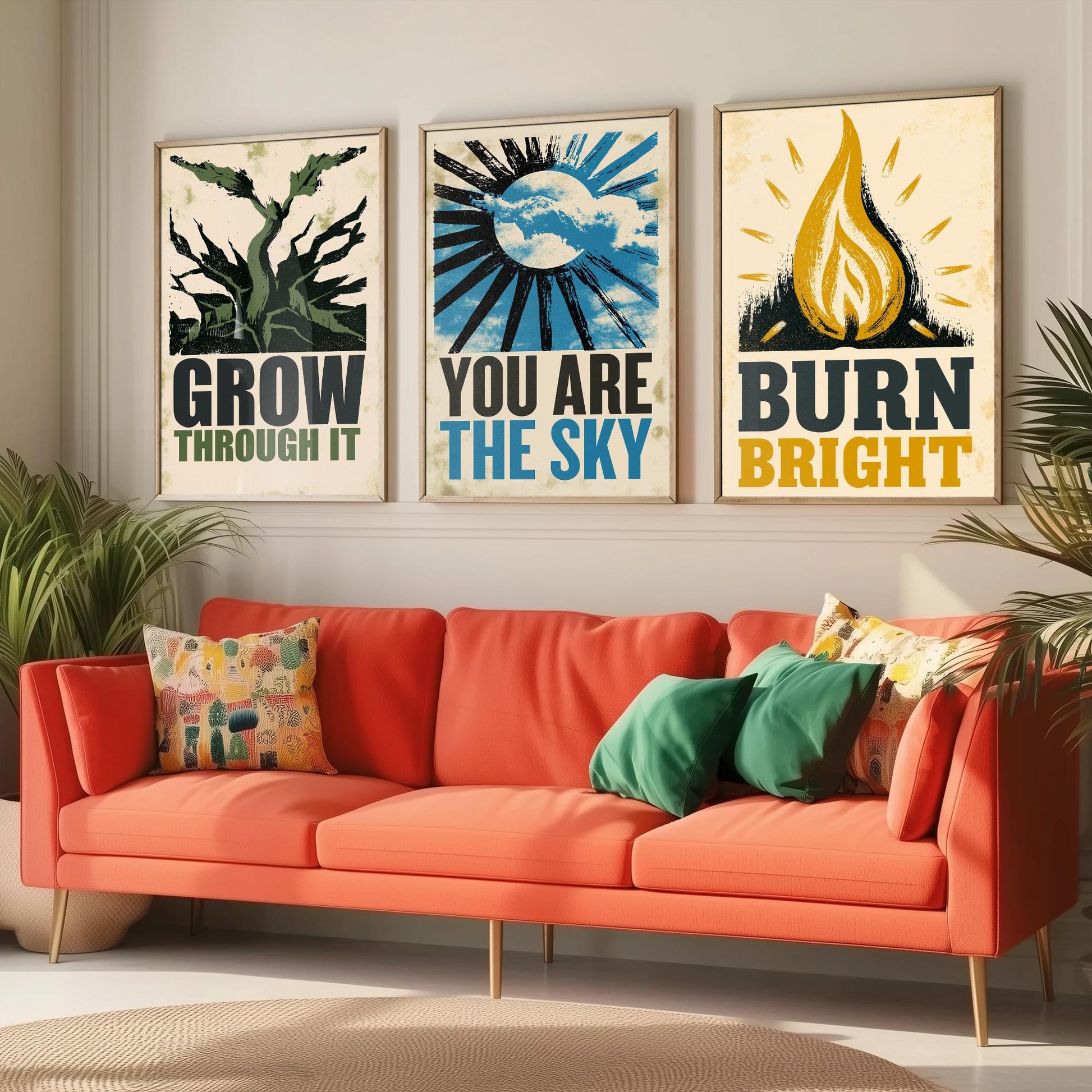 Stillpress Affirmation Set of Three Art Prints - Grow Through It, You Are the Sky, Burn Bright - Vintage Woodcut Quote Posters Illustration